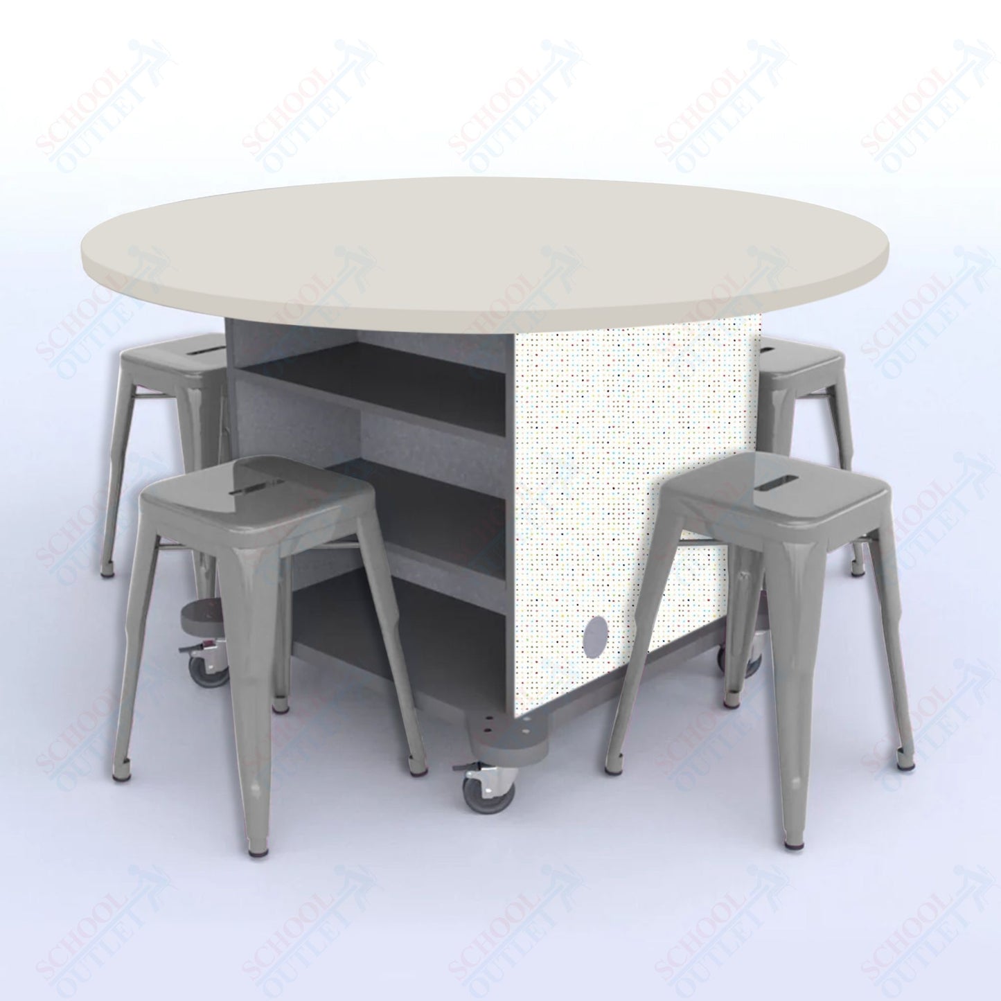 CEF Creation Cube Double-Sided Storage Table - 30"H, High-Pressure Laminate Base and Round Top - 4 Metal Stools Included