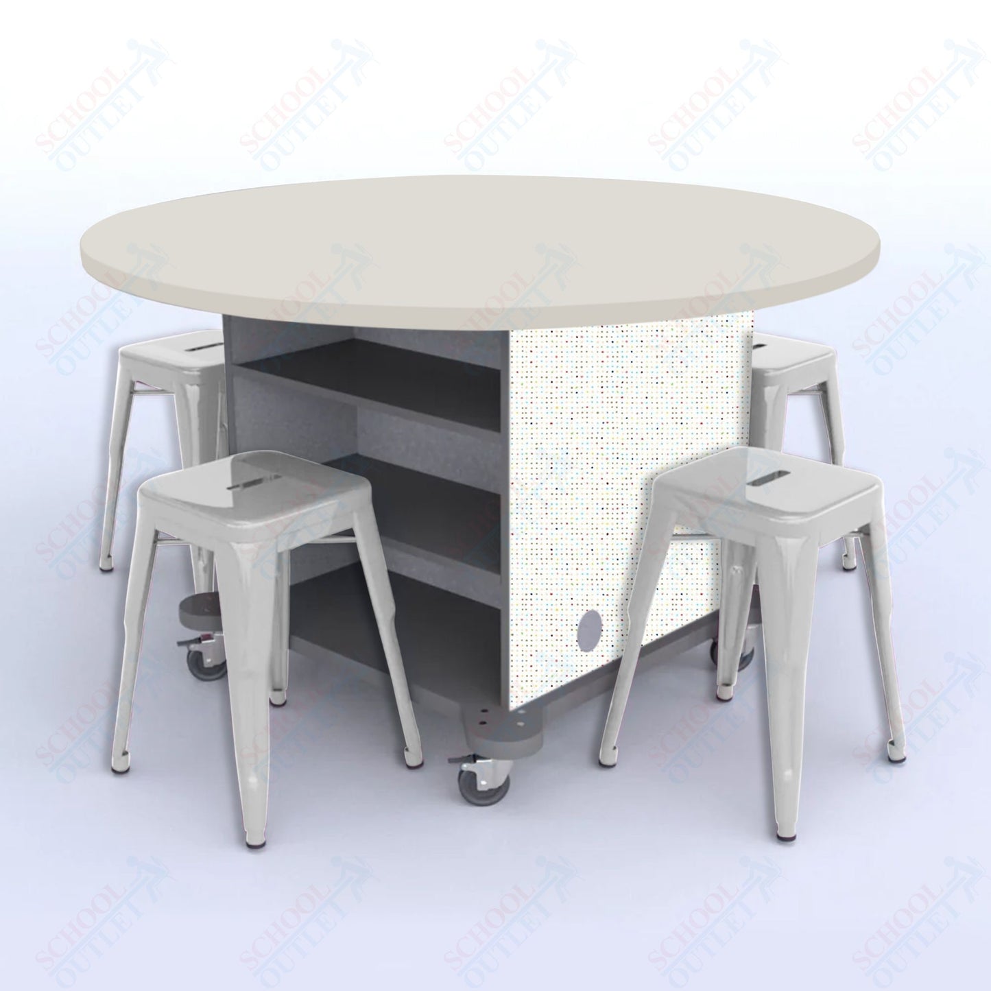 CEF Creation Cube Double-Sided Storage Table - 30"H, High-Pressure Laminate Base and Round Top - 4 Metal Stools Included