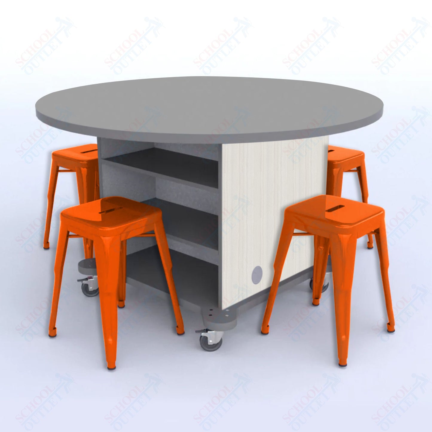 CEF Creation Cube Double-Sided Storage Table - 30"H, High-Pressure Laminate Base and Round Top - 4 Metal Stools Included