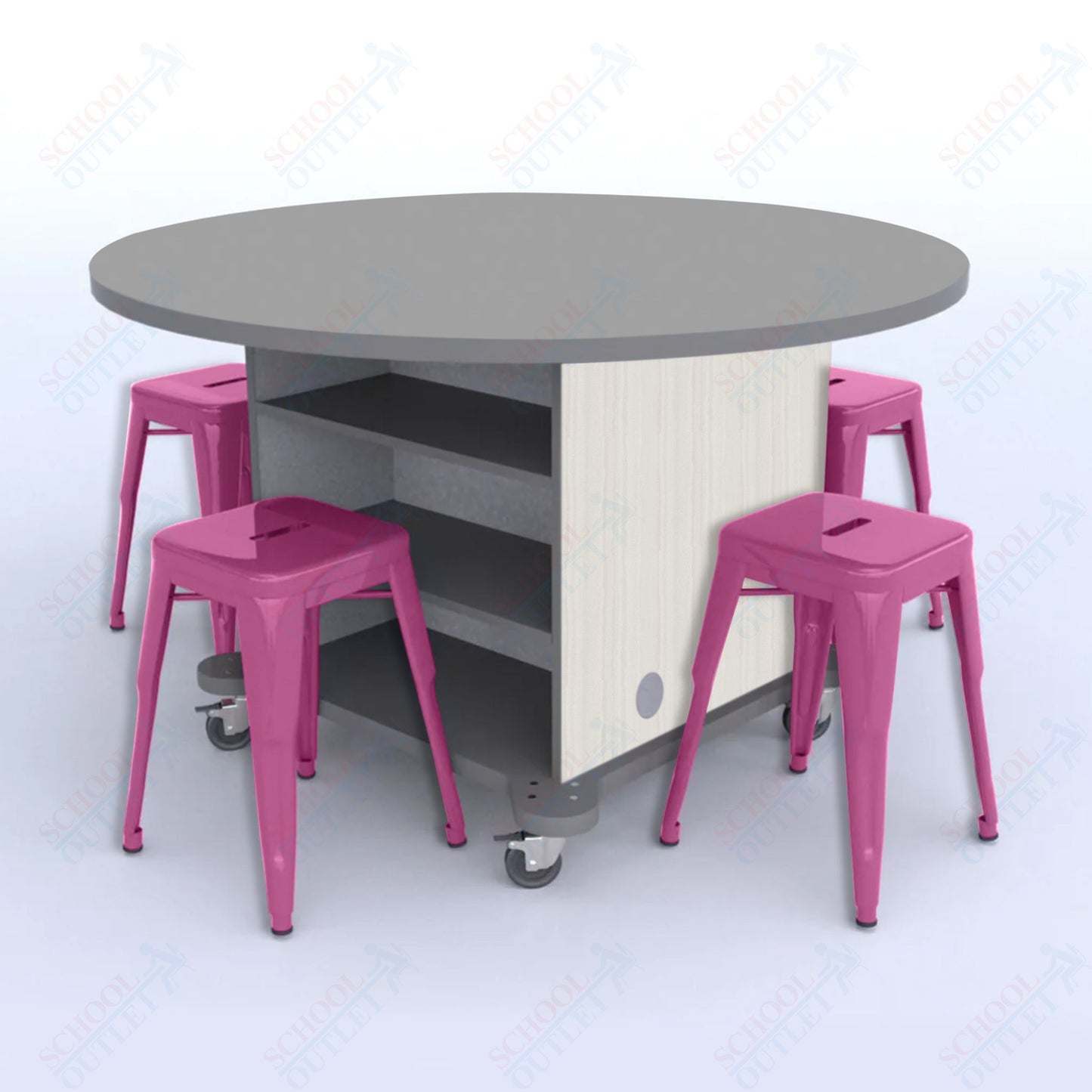 CEF Creation Cube Double-Sided Storage Table - 30"H, High-Pressure Laminate Base and Round Top - 4 Metal Stools Included