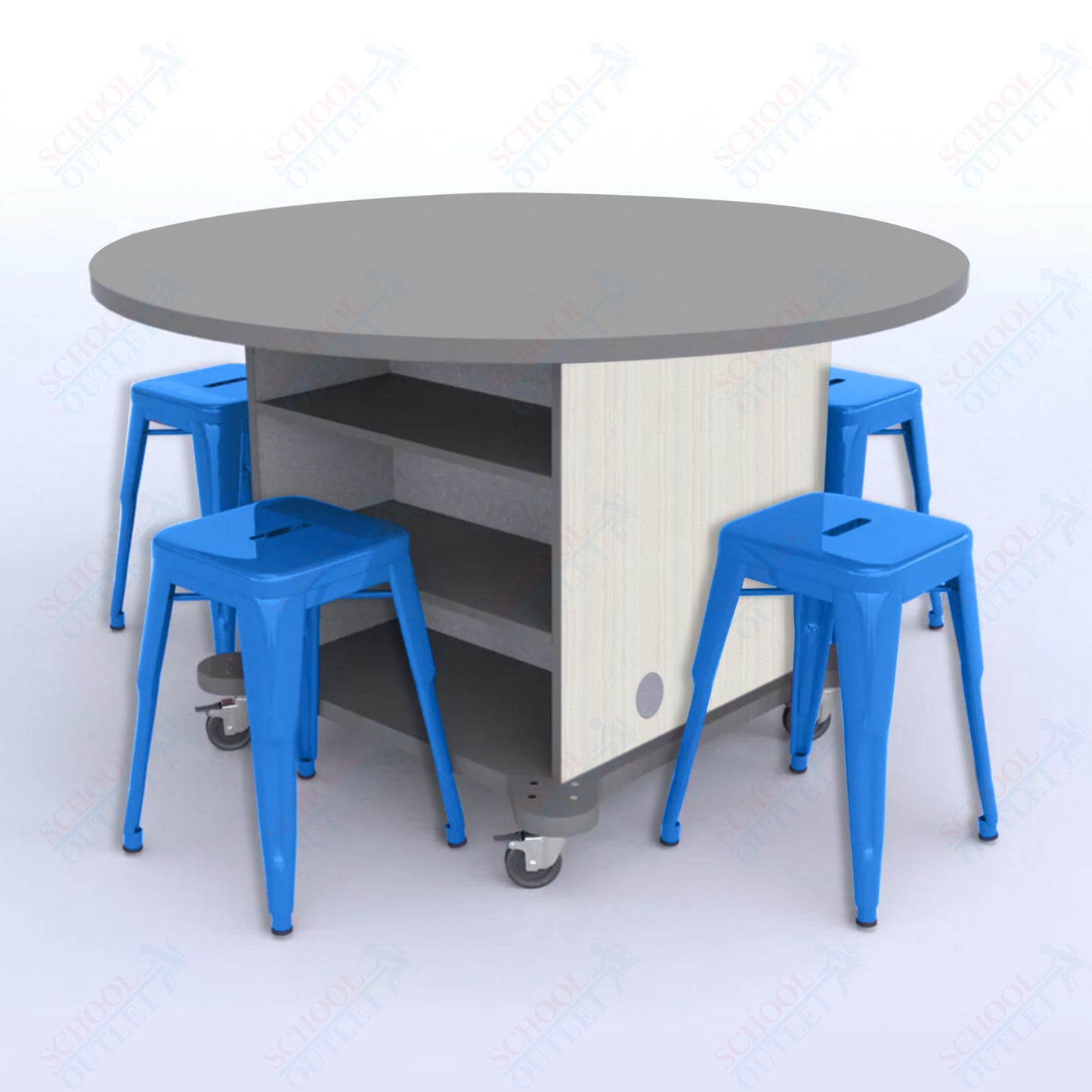 CEF Creation Cube Double-Sided Storage Table - 30"H, High-Pressure Laminate Base and Round Top - 4 Metal Stools Included