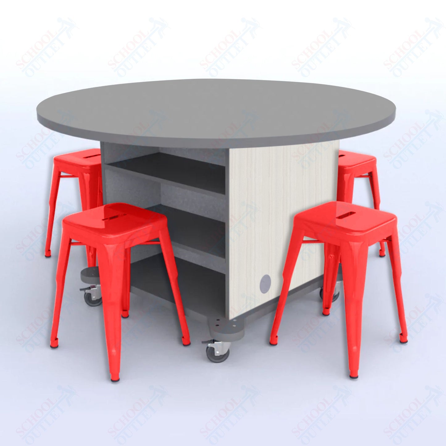 CEF Creation Cube Double-Sided Storage Table - 30"H, High-Pressure Laminate Base and Round Top - 4 Metal Stools Included