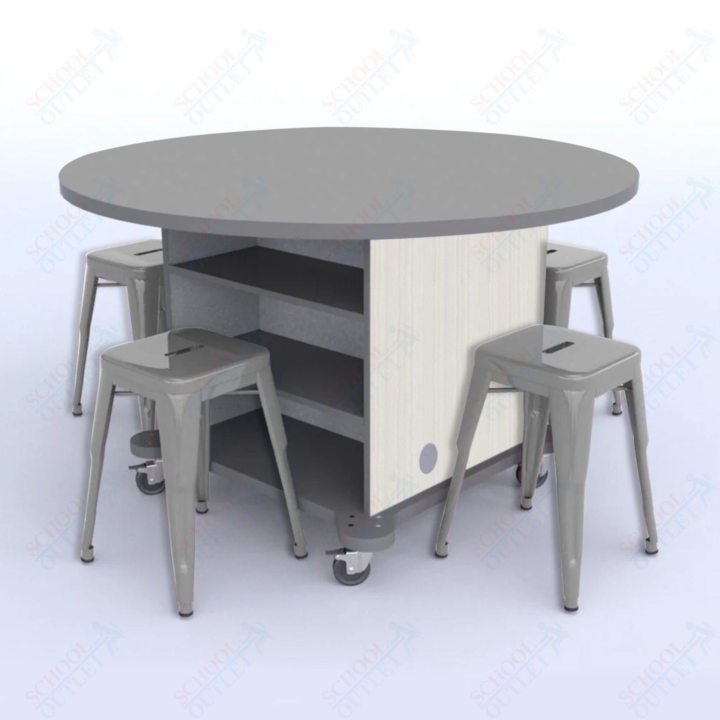 CEF Creation Cube Double-Sided Storage Table - 30"H, High-Pressure Laminate Base and Round Top - 4 Metal Stools Included