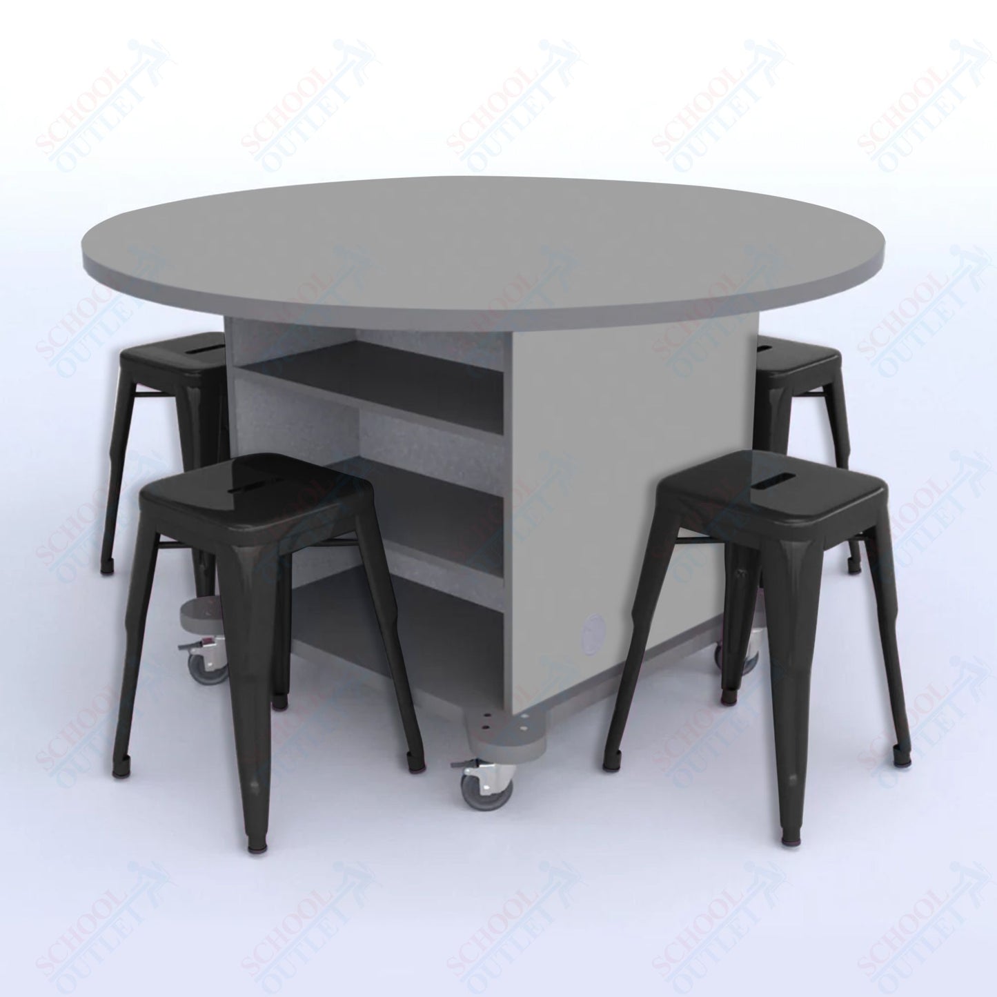 CEF Creation Cube Double-Sided Storage Table - 30"H, High-Pressure Laminate Base and Round Top - 4 Metal Stools Included