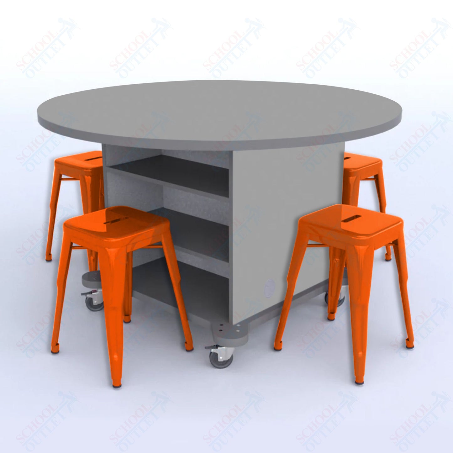 CEF Creation Cube Double-Sided Storage Table - 30"H, High-Pressure Laminate Base and Round Top - 4 Metal Stools Included