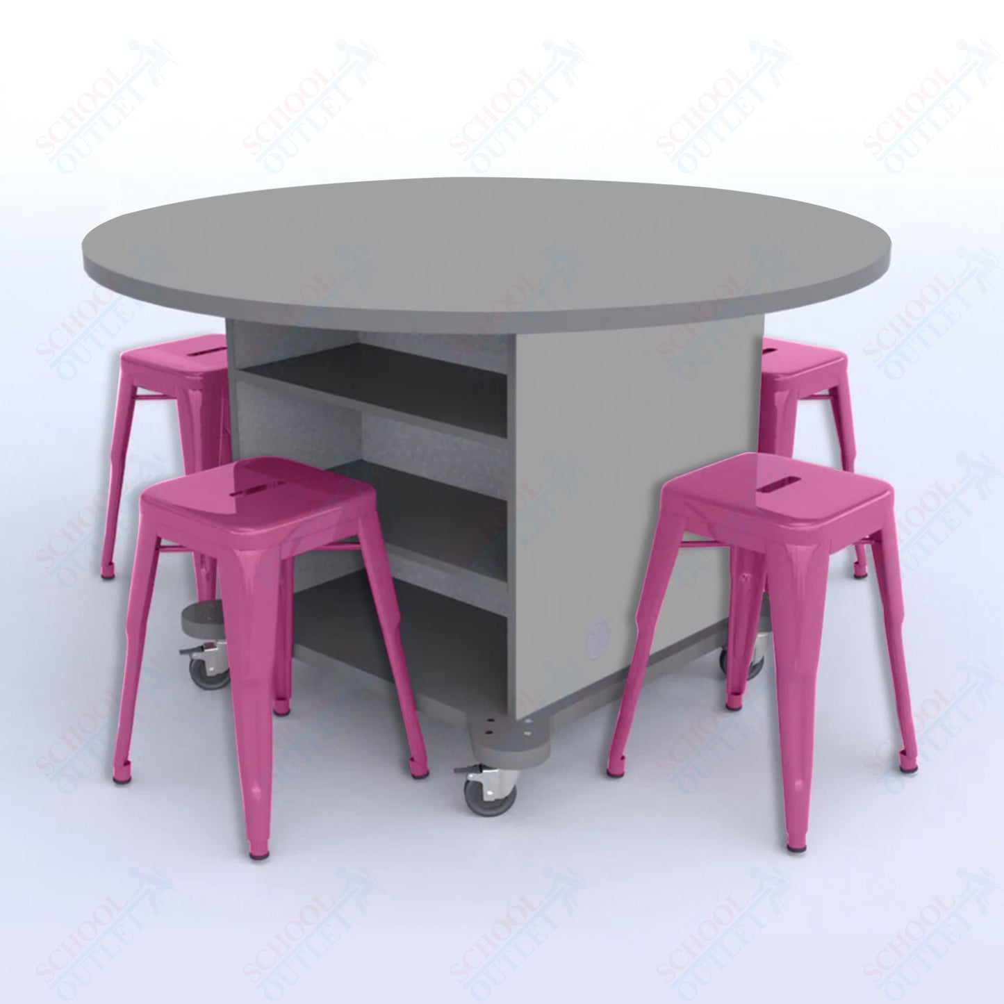 CEF Creation Cube Double-Sided Storage Table - 30"H, High-Pressure Laminate Base and Round Top - 4 Metal Stools Included