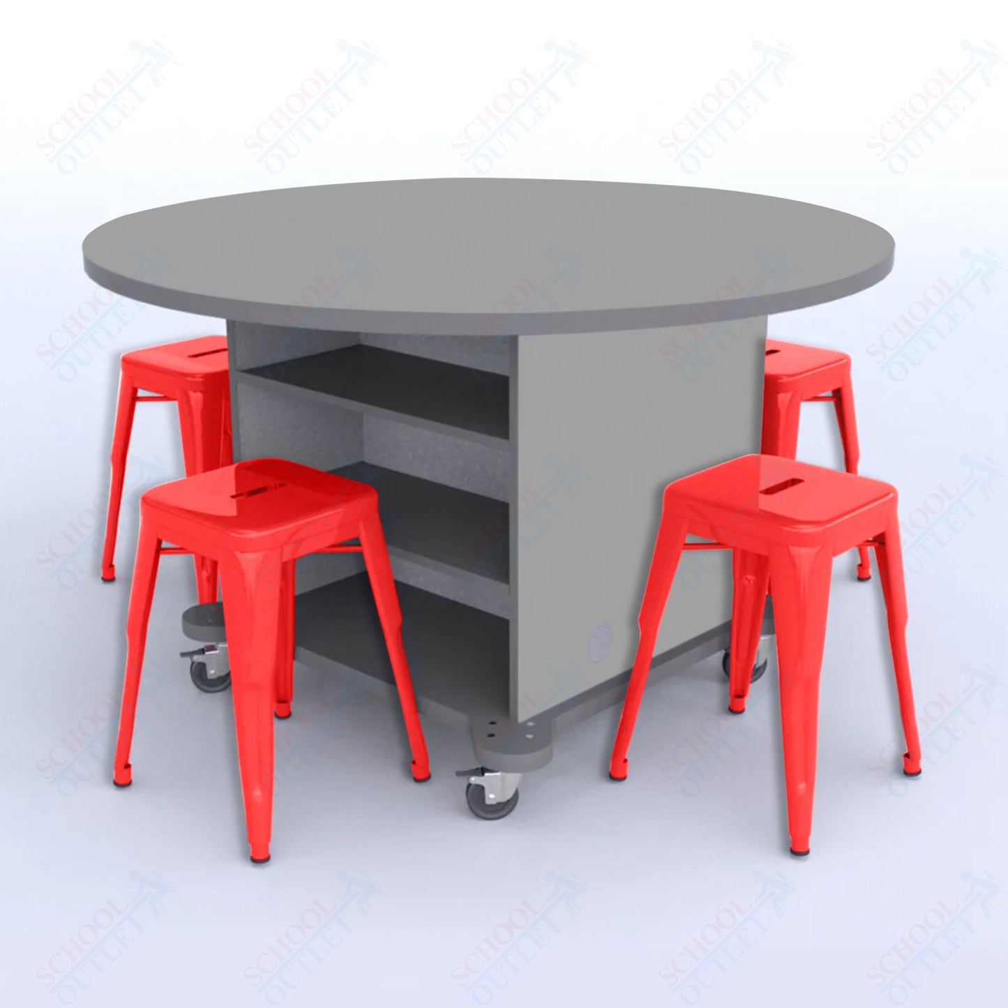 CEF Creation Cube Double-Sided Storage Table - 30"H, High-Pressure Laminate Base and Round Top - 4 Metal Stools Included