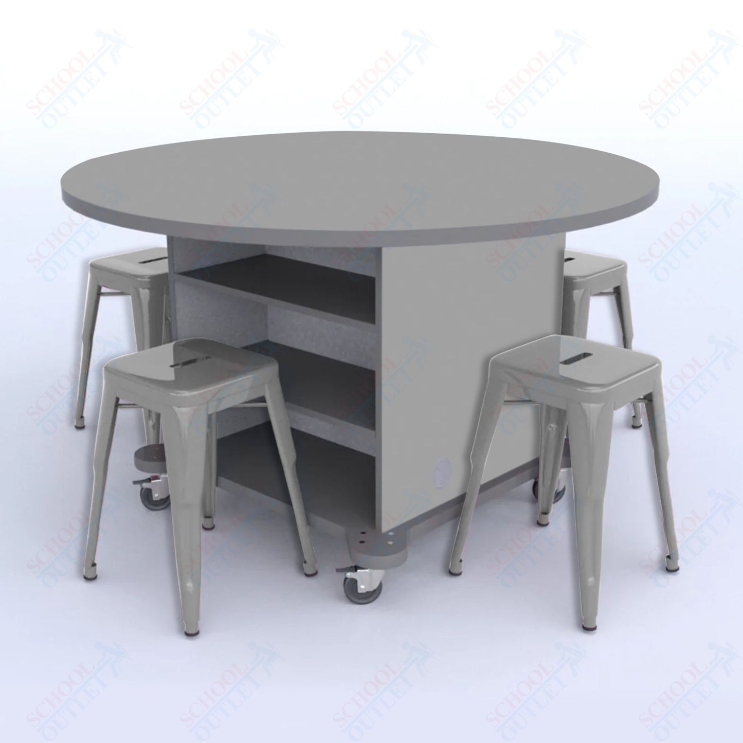 CEF Creation Cube Double-Sided Storage Table - 30"H, High-Pressure Laminate Base and Round Top - 4 Metal Stools Included
