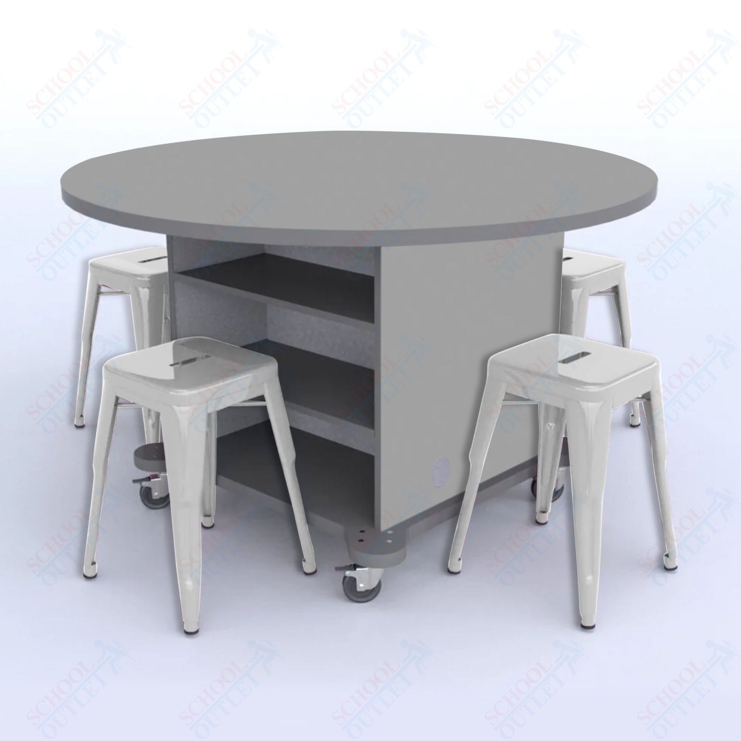 CEF Creation Cube Double-Sided Storage Table - 30"H, High-Pressure Laminate Base and Round Top - 4 Metal Stools Included