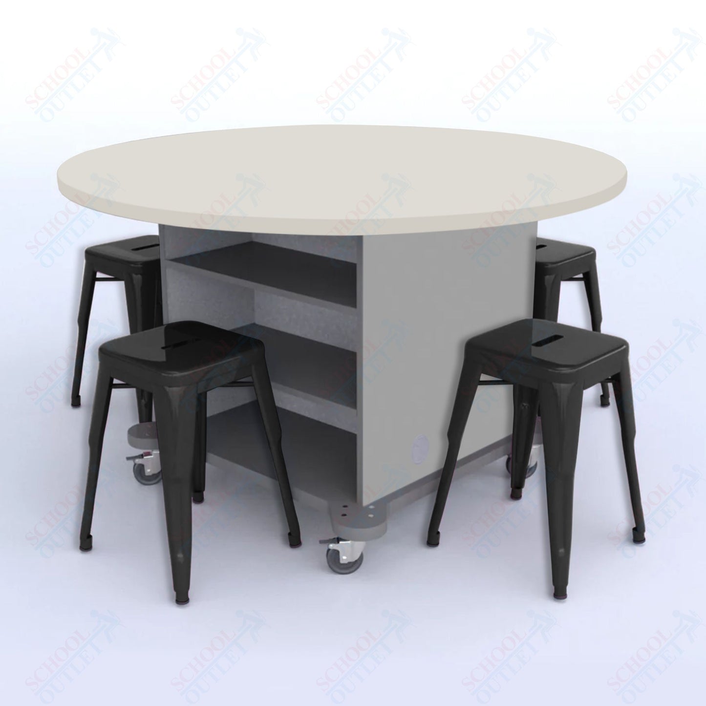 CEF Creation Cube Double-Sided Storage Table - 30"H, High-Pressure Laminate Base and Round Top - 4 Metal Stools Included