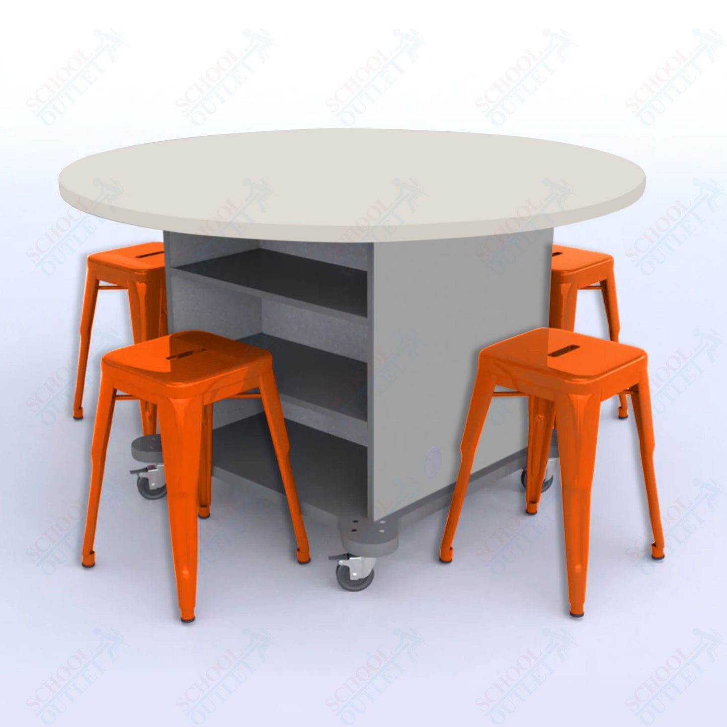 CEF Creation Cube Double-Sided Storage Table - 30"H, High-Pressure Laminate Base and Round Top - 4 Metal Stools Included