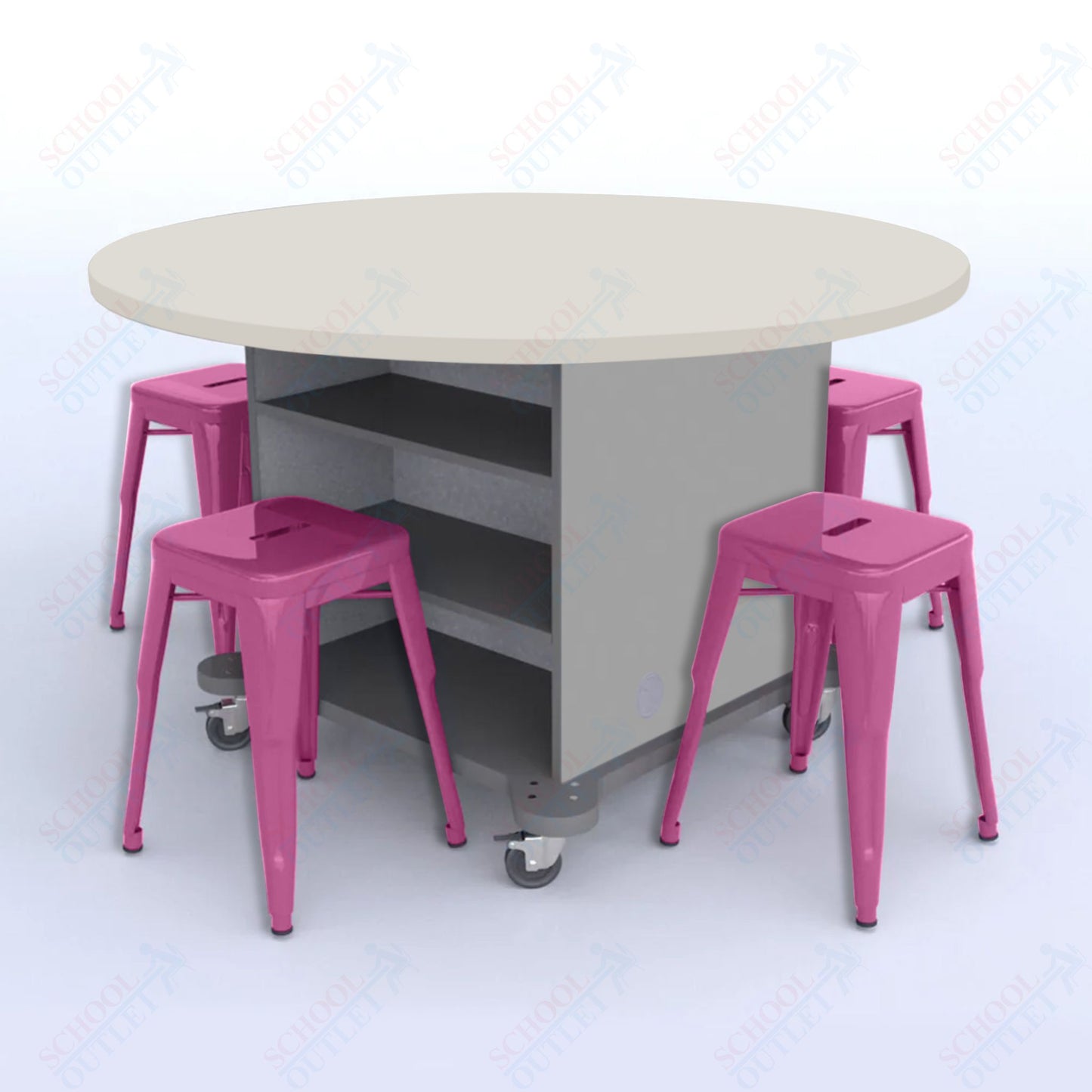 CEF Creation Cube Double-Sided Storage Table - 30"H, High-Pressure Laminate Base and Round Top - 4 Metal Stools Included