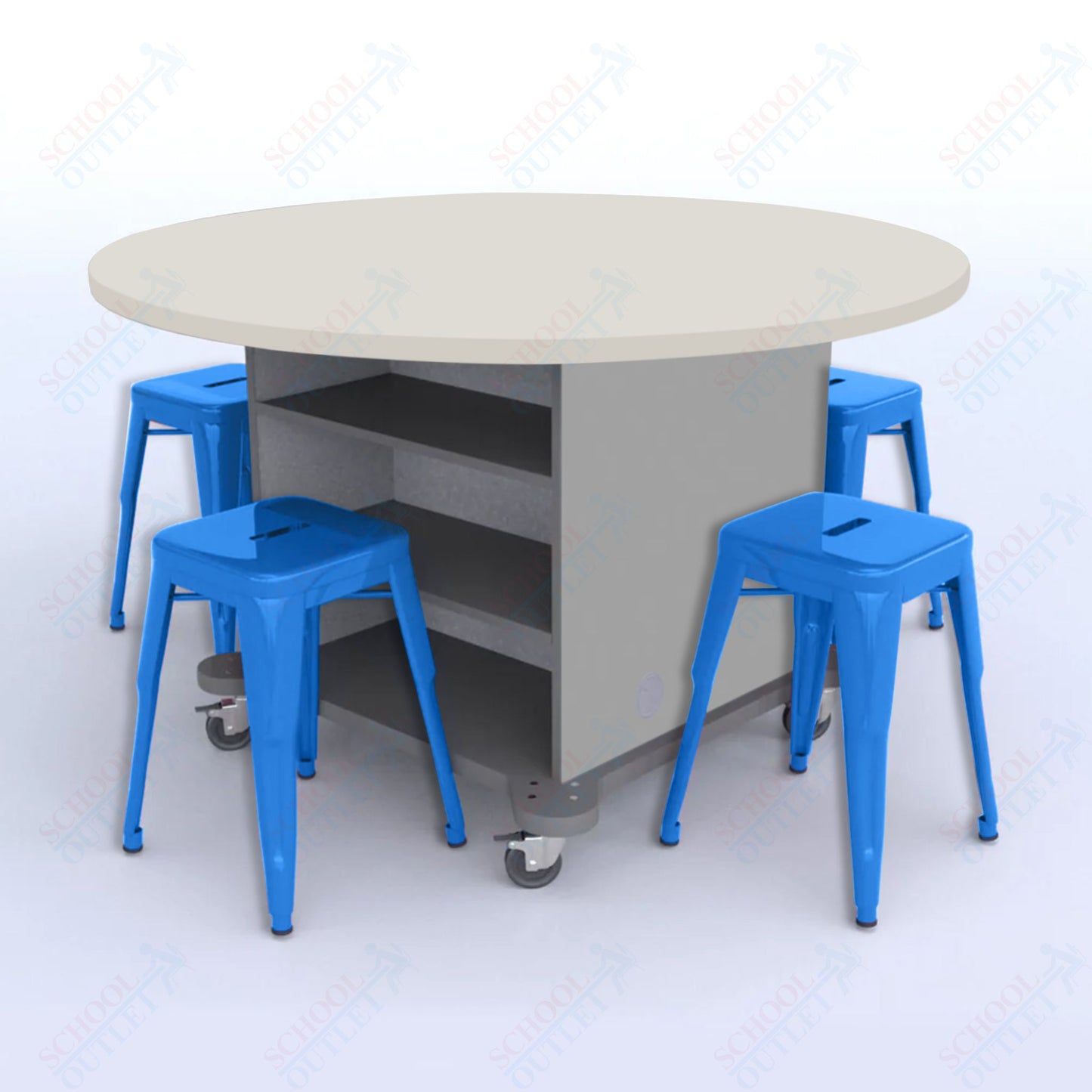 CEF Creation Cube Double-Sided Storage Table - 30"H, High-Pressure Laminate Base and Round Top - 4 Metal Stools Included