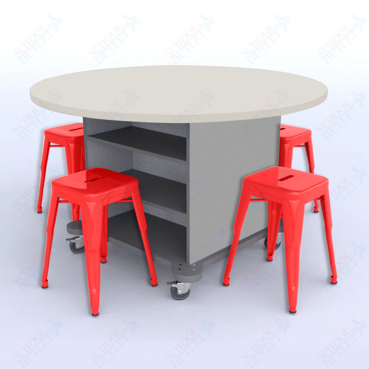 CEF Creation Cube Double-Sided Storage Table - 30"H, High-Pressure Laminate Base and Round Top - 4 Metal Stools Included