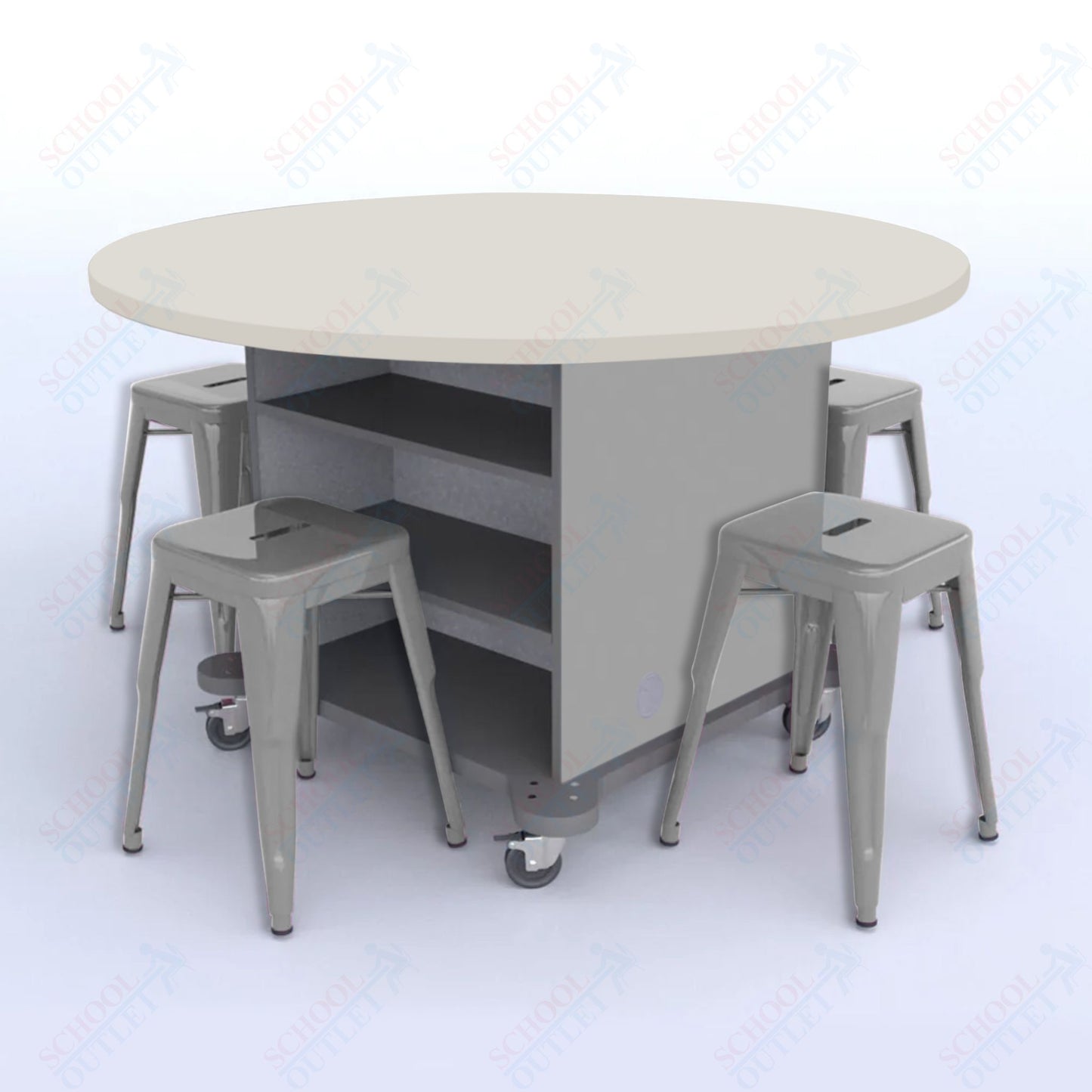 CEF Creation Cube Double-Sided Storage Table - 30"H, High-Pressure Laminate Base and Round Top - 4 Metal Stools Included