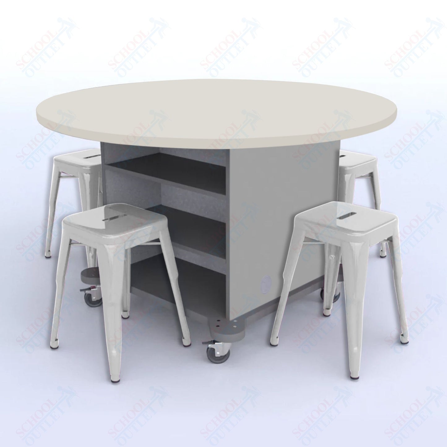 CEF Creation Cube Double-Sided Storage Table - 30"H, High-Pressure Laminate Base and Round Top - 4 Metal Stools Included