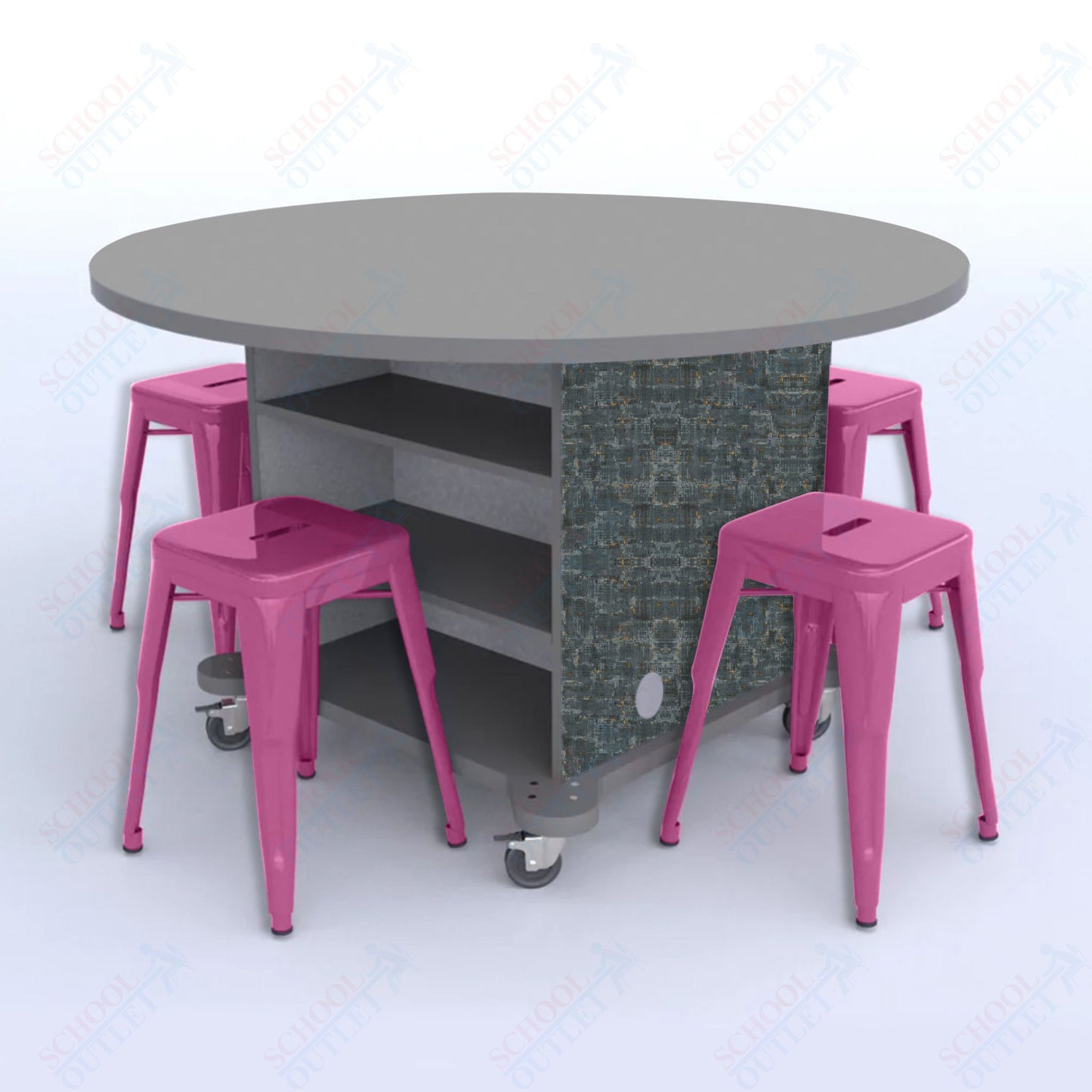 CEF Creation Cube Double-Sided Storage Table - 30"H, High-Pressure Laminate Base and Round Top - 4 Metal Stools Included