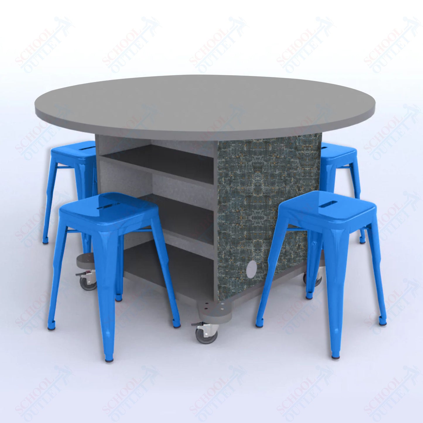 CEF Creation Cube Double-Sided Storage Table - 30"H, High-Pressure Laminate Base and Round Top - 4 Metal Stools Included