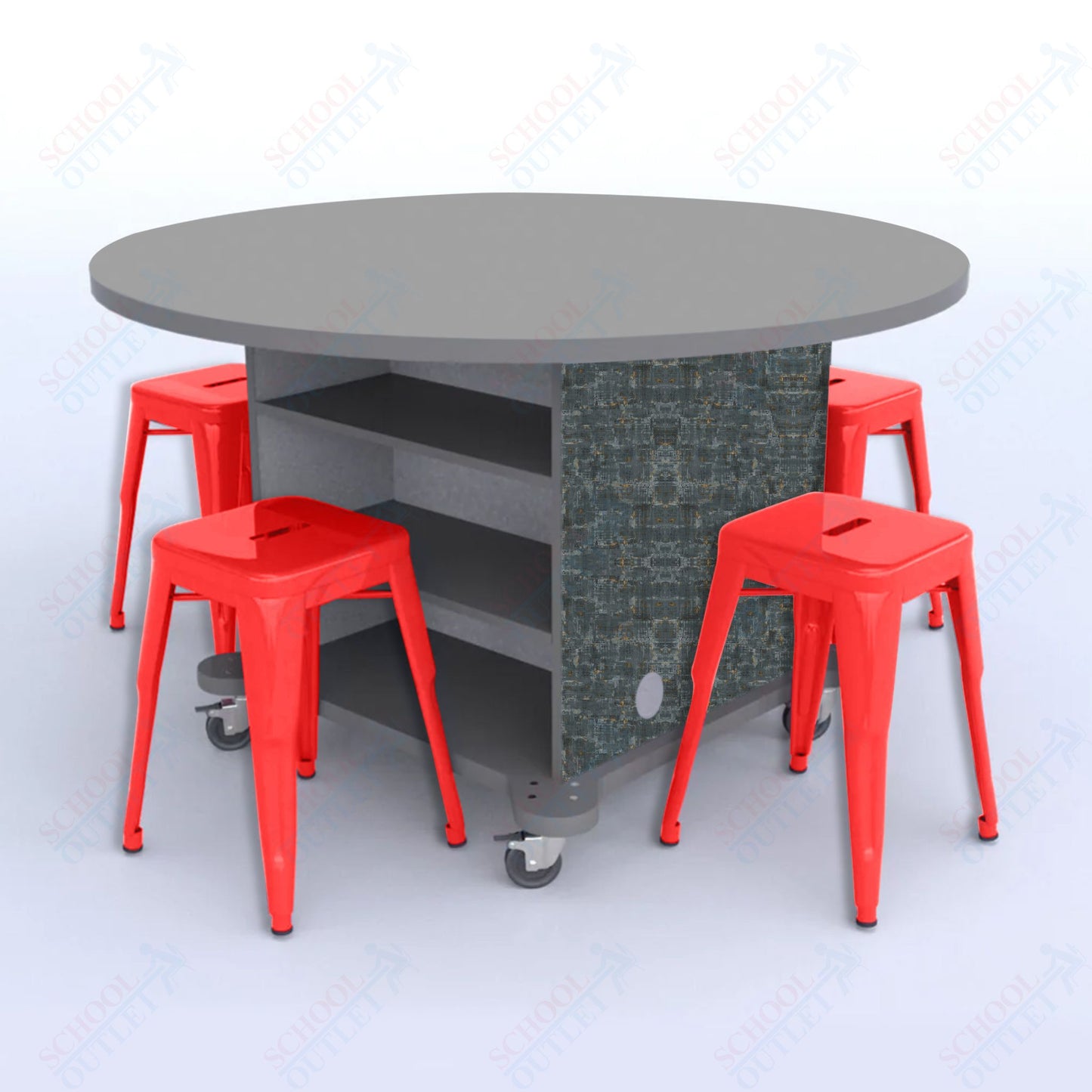 CEF Creation Cube Double-Sided Storage Table - 30"H, High-Pressure Laminate Base and Round Top - 4 Metal Stools Included