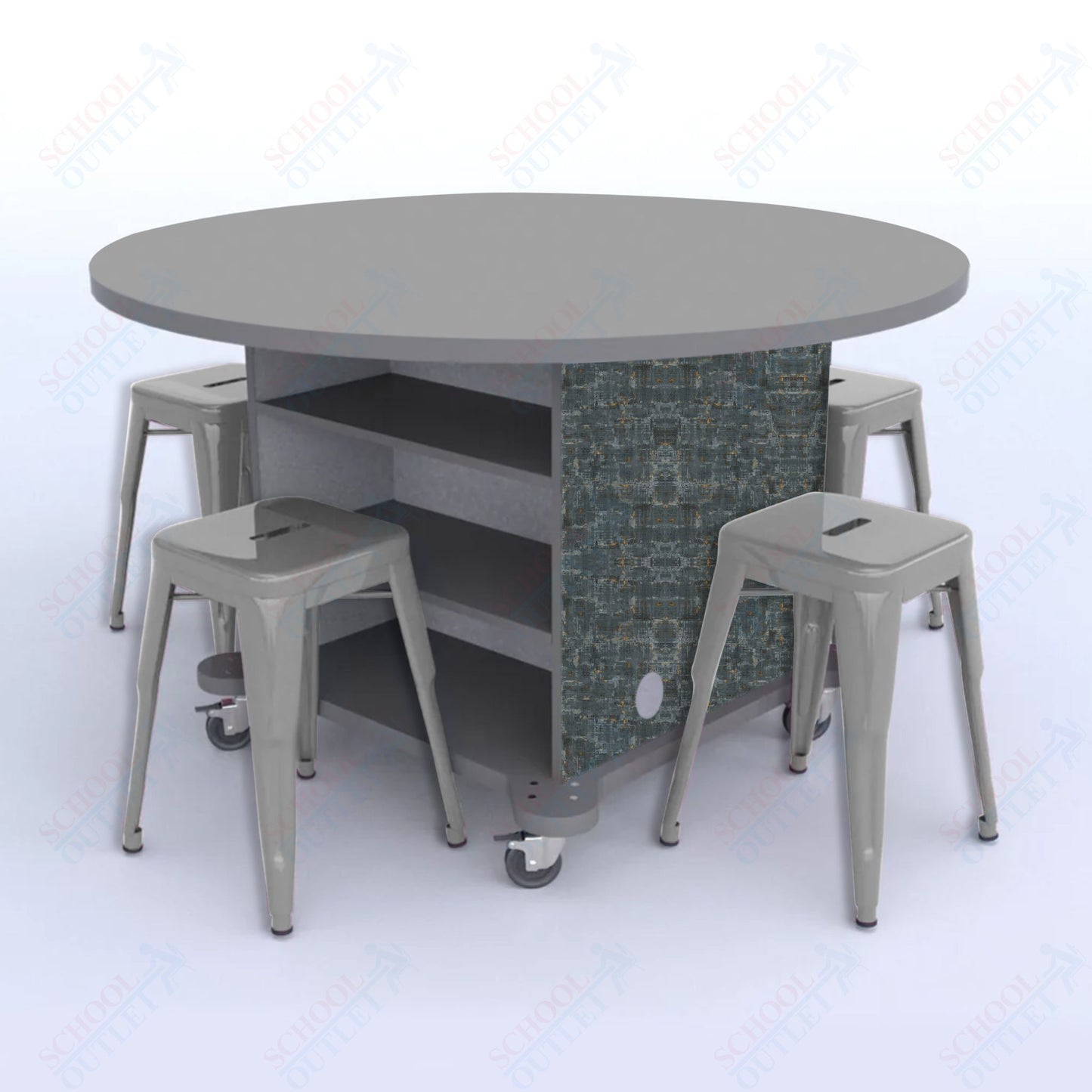 CEF Creation Cube Double-Sided Storage Table - 30"H, High-Pressure Laminate Base and Round Top - 4 Metal Stools Included