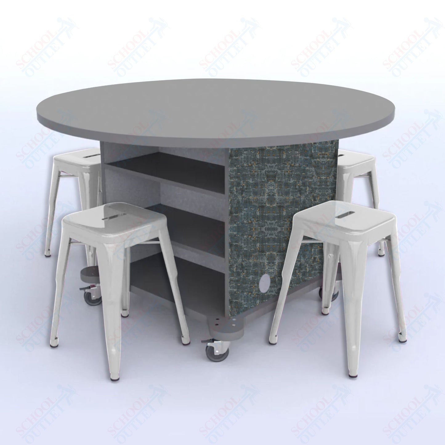 CEF Creation Cube Double-Sided Storage Table - 30"H, High-Pressure Laminate Base and Round Top - 4 Metal Stools Included