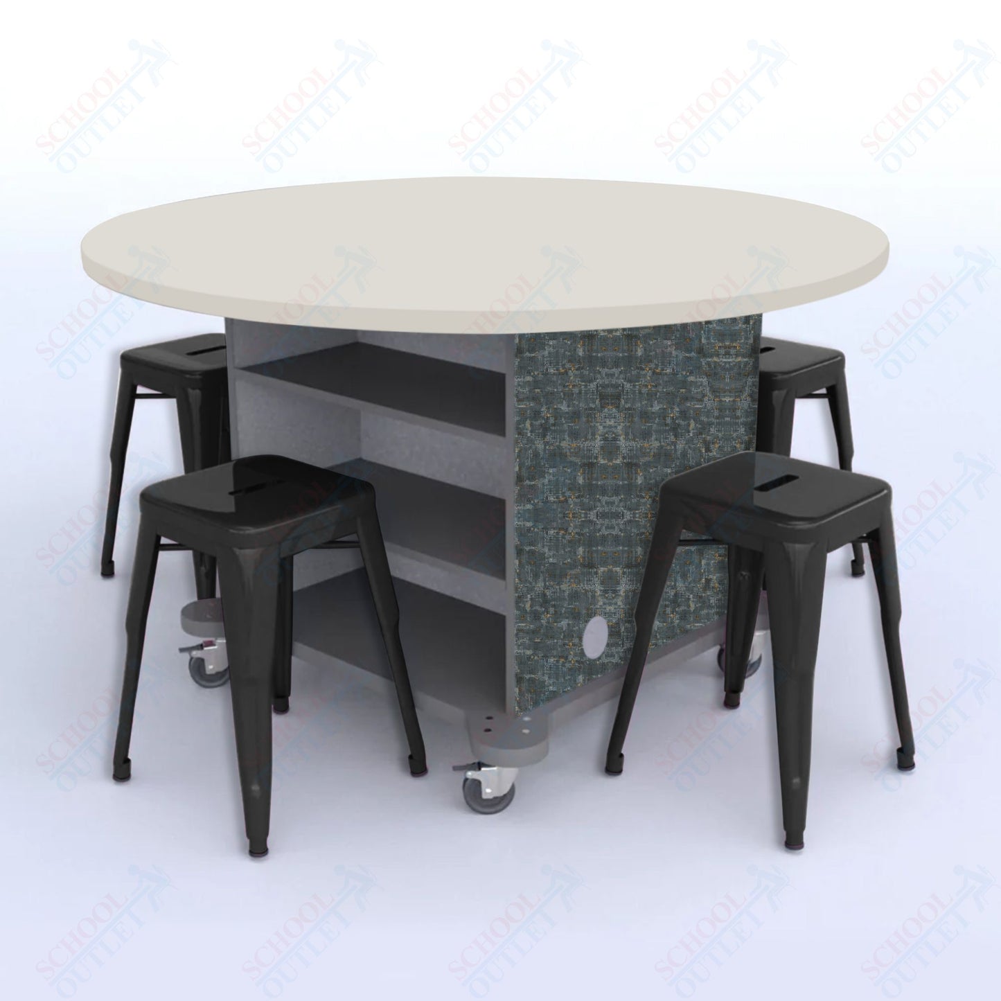 CEF Creation Cube Double-Sided Storage Table - 30"H, High-Pressure Laminate Base and Round Top - 4 Metal Stools Included
