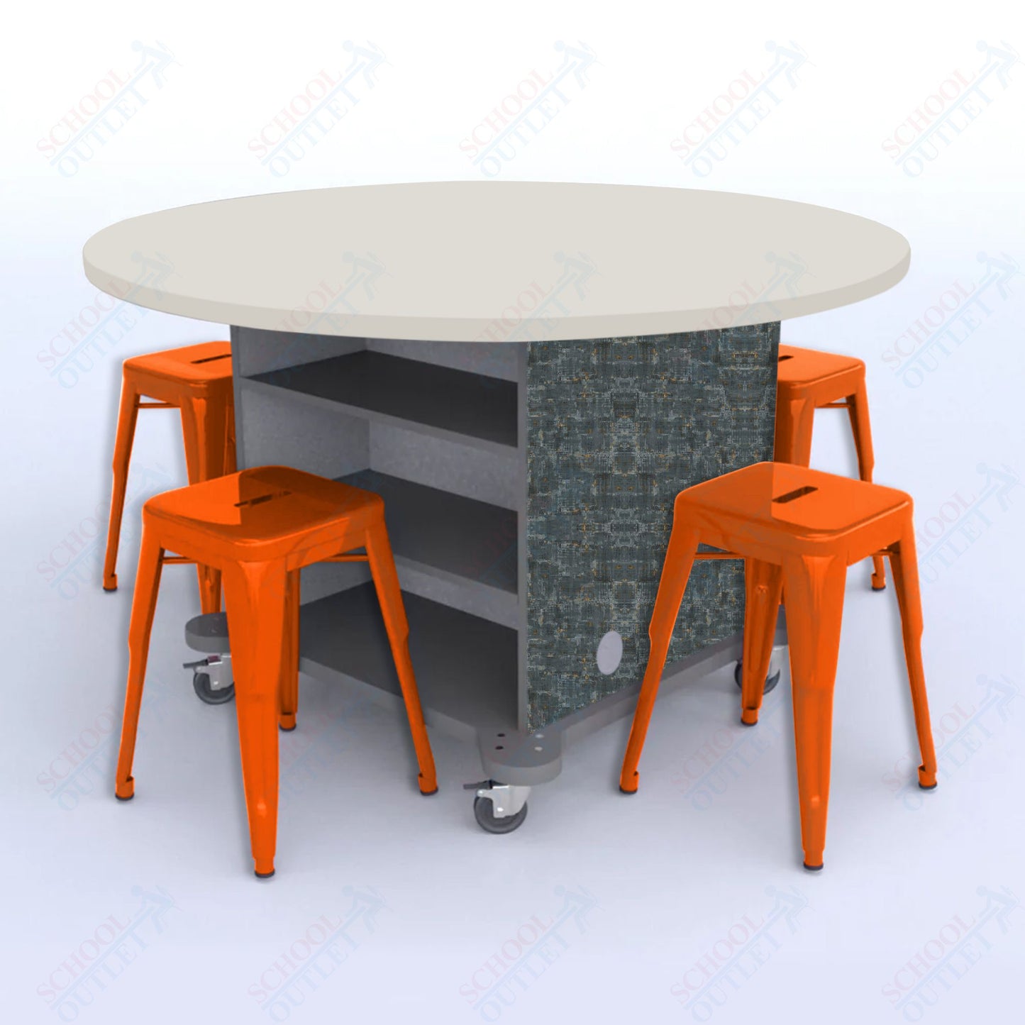 CEF Creation Cube Double-Sided Storage Table - 30"H, High-Pressure Laminate Base and Round Top - 4 Metal Stools Included
