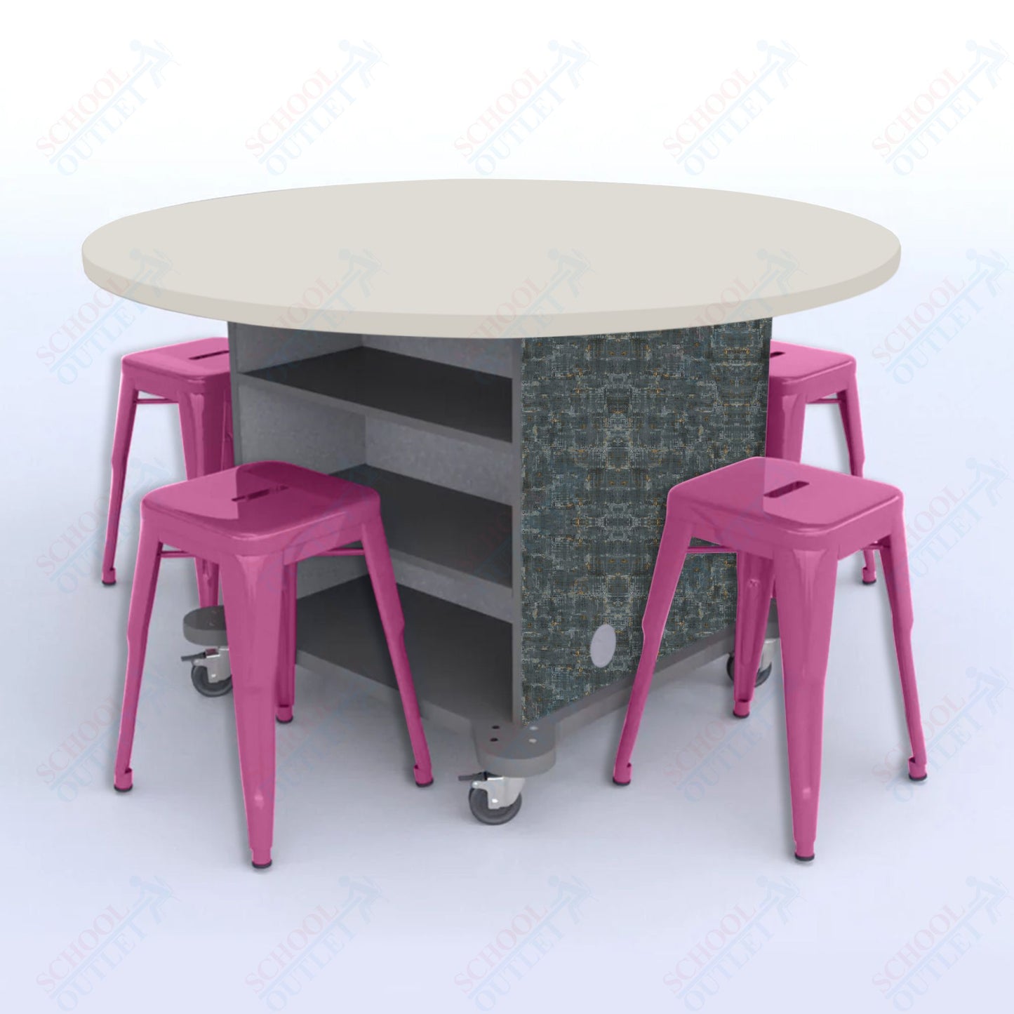 CEF Creation Cube Double-Sided Storage Table - 30"H, High-Pressure Laminate Base and Round Top - 4 Metal Stools Included