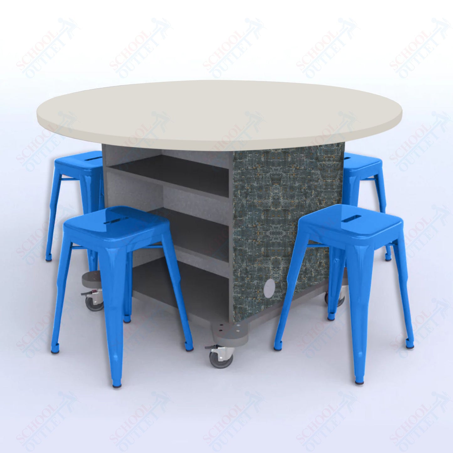 CEF Creation Cube Double-Sided Storage Table - 30"H, High-Pressure Laminate Base and Round Top - 4 Metal Stools Included