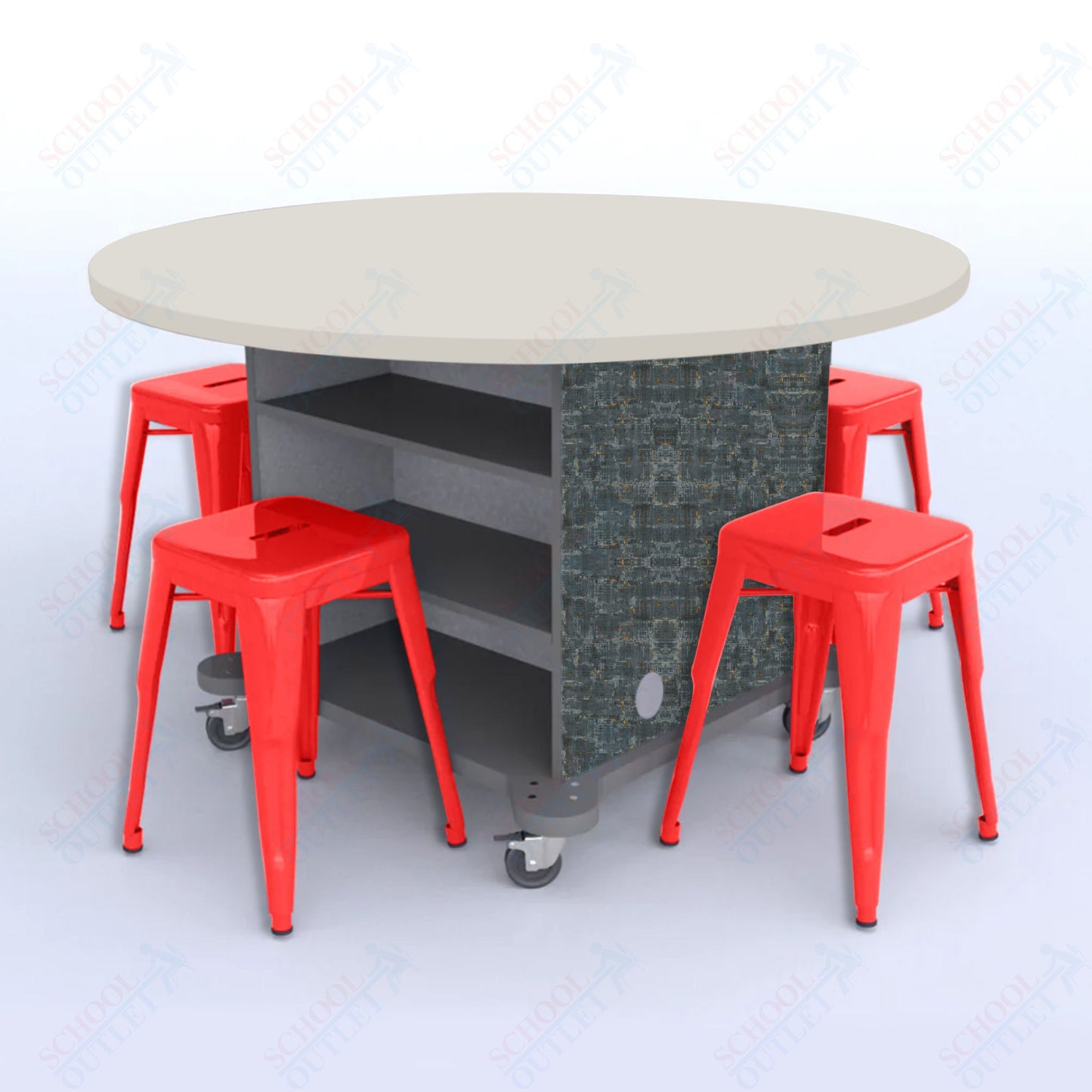 CEF Creation Cube Double-Sided Storage Table - 30"H, High-Pressure Laminate Base and Round Top - 4 Metal Stools Included