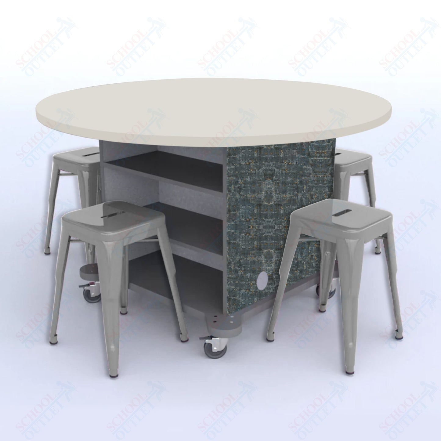 CEF Creation Cube Double-Sided Storage Table - 30"H, High-Pressure Laminate Base and Round Top - 4 Metal Stools Included