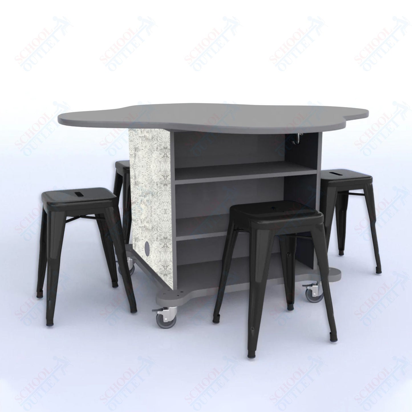 CEF Creation Cube Double-Sided Storage Table - 30"H, High-Pressure Laminate Base and Clover Top - 4 Metal Stools Included