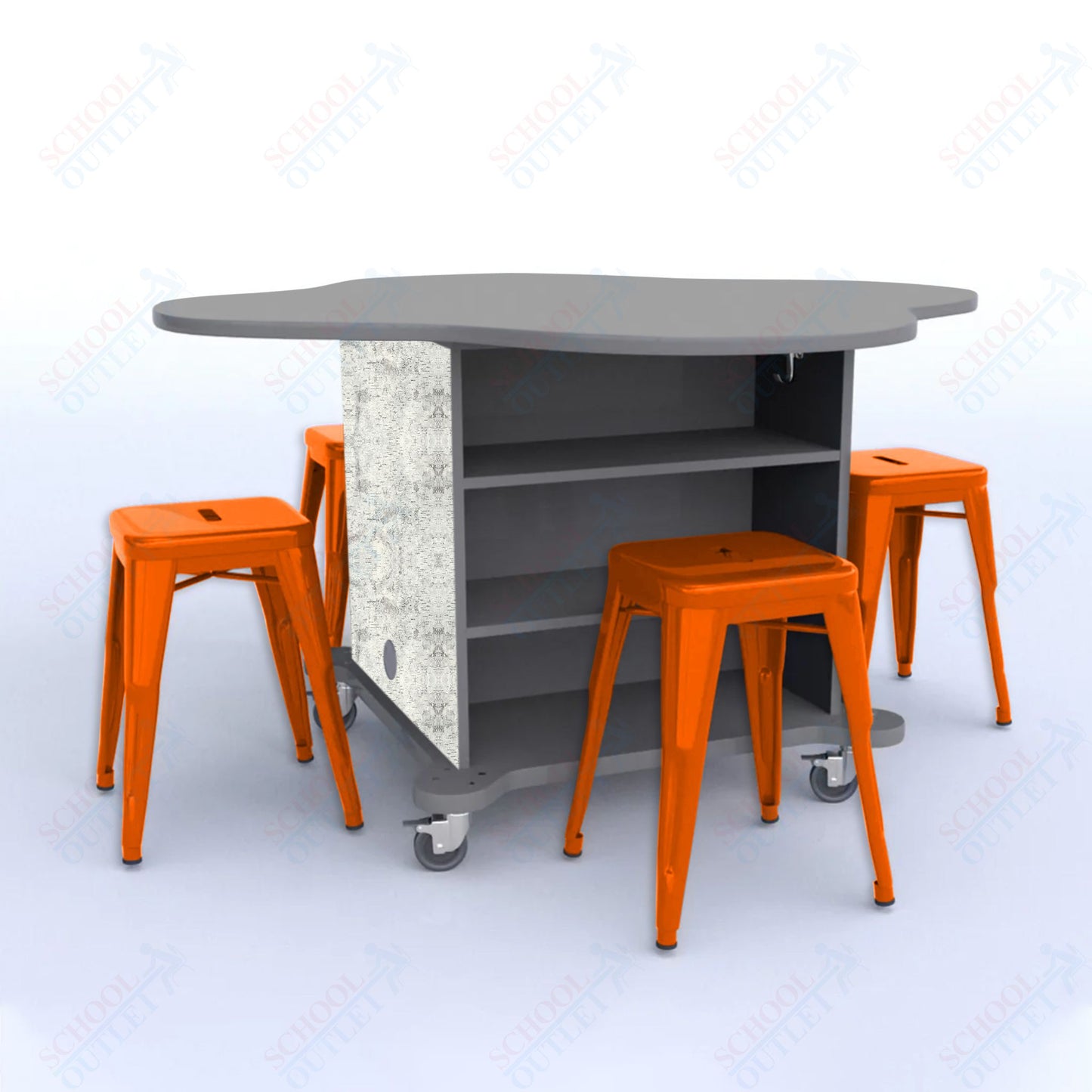 CEF Creation Cube Double-Sided Storage Table - 30"H, High-Pressure Laminate Base and Clover Top - 4 Metal Stools Included