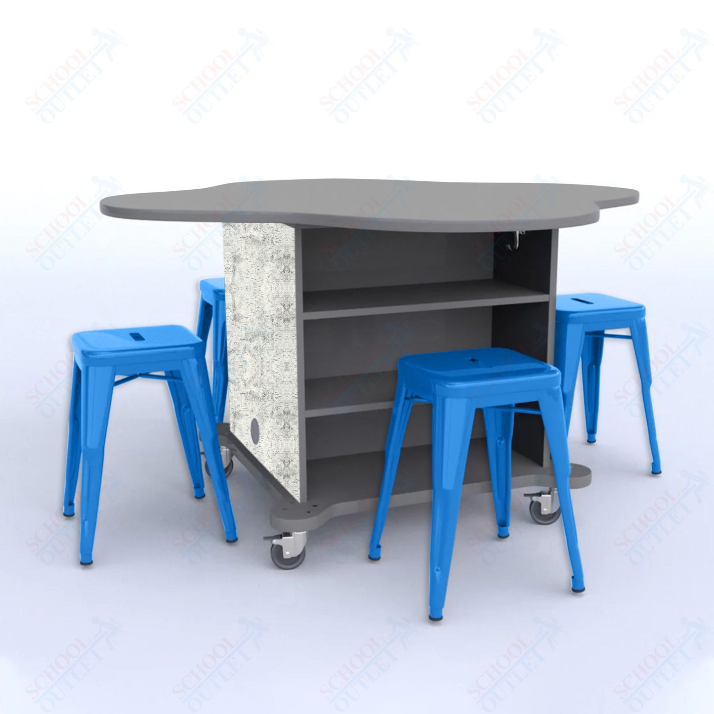 CEF Creation Cube Double-Sided Storage Table - 30"H, High-Pressure Laminate Base and Clover Top - 4 Metal Stools Included