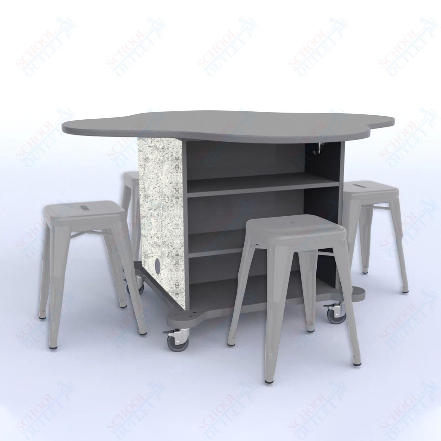 CEF Creation Cube Double-Sided Storage Table - 30"H, High-Pressure Laminate Base and Clover Top - 4 Metal Stools Included