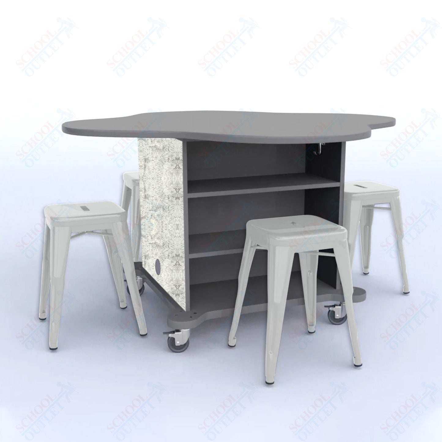 CEF Creation Cube Double-Sided Storage Table - 30"H, High-Pressure Laminate Base and Clover Top - 4 Metal Stools Included
