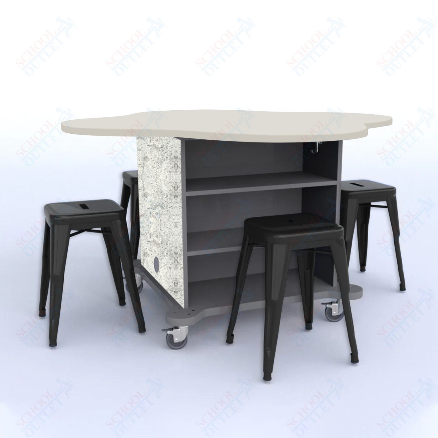 CEF Creation Cube Double-Sided Storage Table - 30"H, High-Pressure Laminate Base and Clover Top - 4 Metal Stools Included