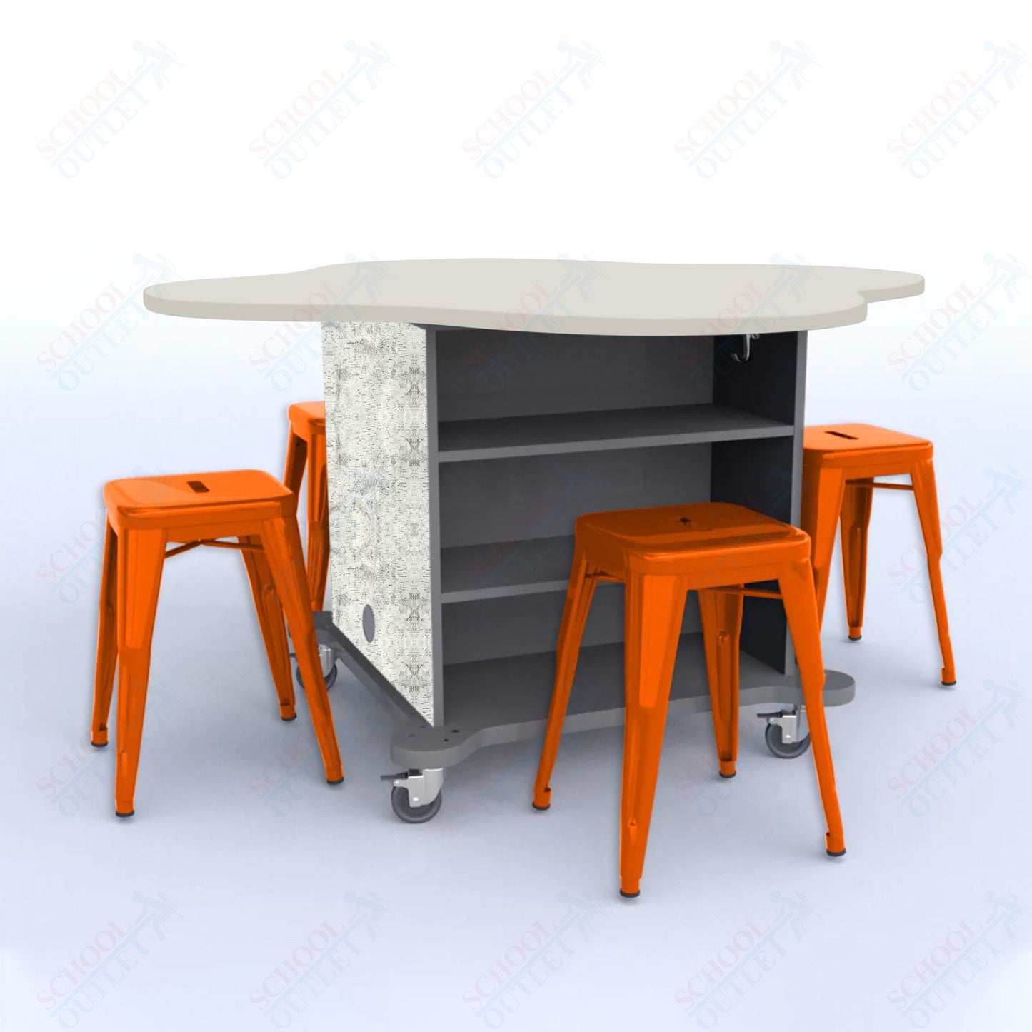 CEF Creation Cube Double-Sided Storage Table - 30"H, High-Pressure Laminate Base and Clover Top - 4 Metal Stools Included