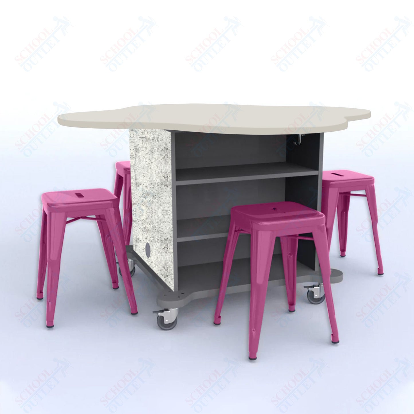 CEF Creation Cube Double-Sided Storage Table - 30"H, High-Pressure Laminate Base and Clover Top - 4 Metal Stools Included