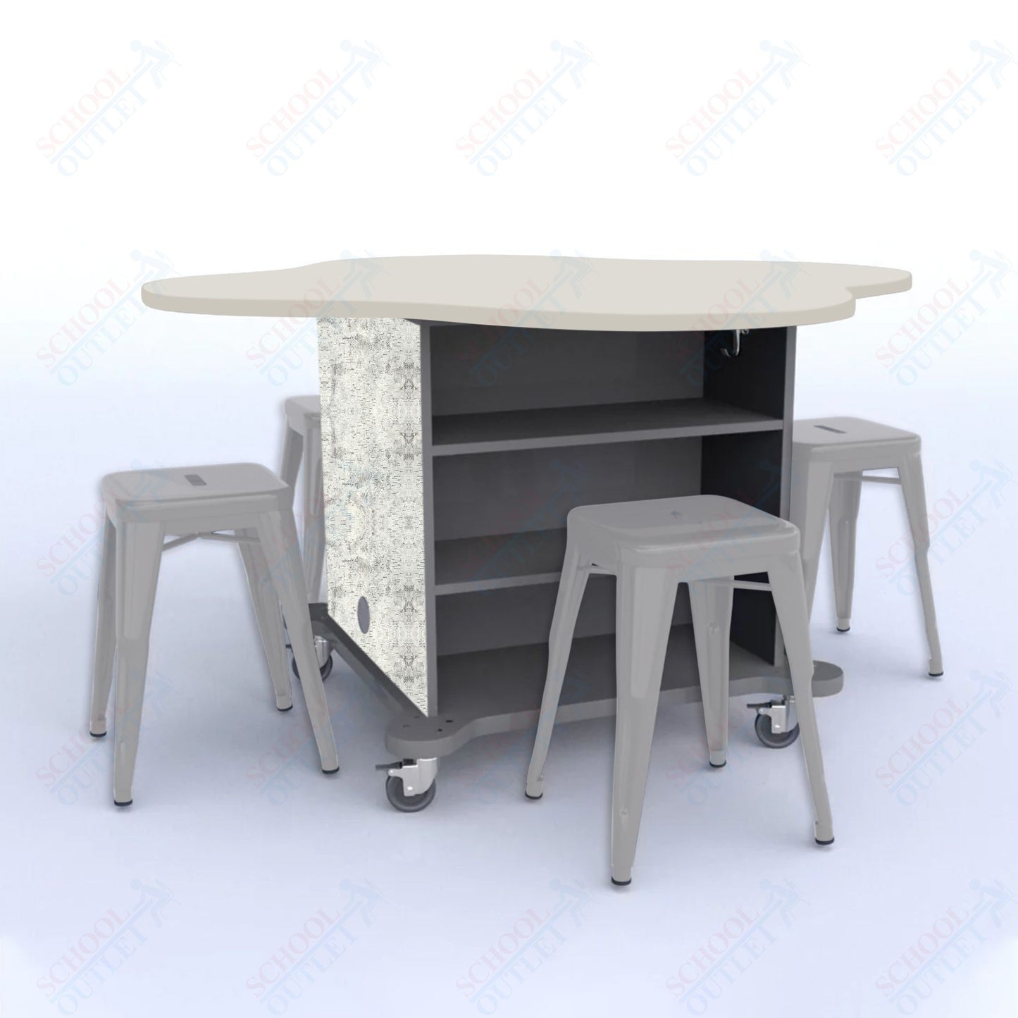 CEF Creation Cube Double-Sided Storage Table - 30"H, High-Pressure Laminate Base and Clover Top - 4 Metal Stools Included
