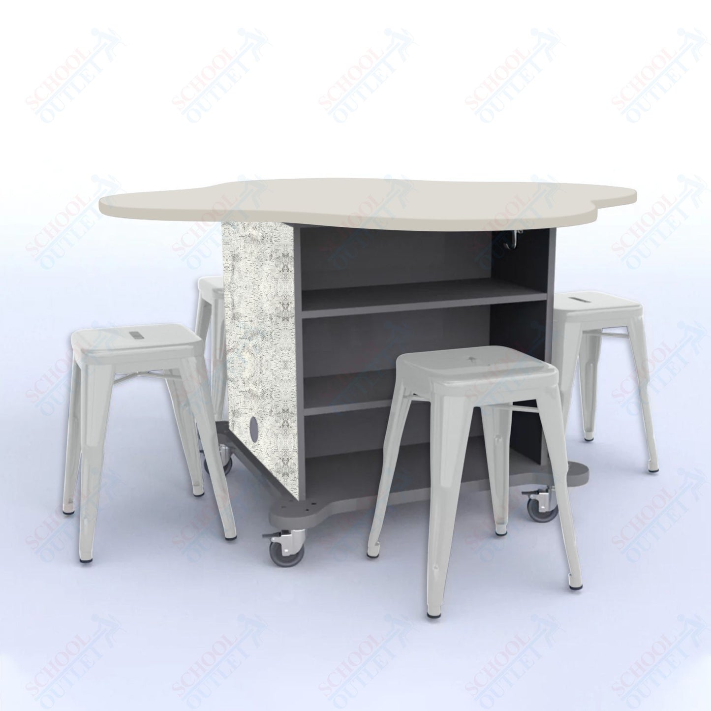 CEF Creation Cube Double-Sided Storage Table - 30"H, High-Pressure Laminate Base and Clover Top - 4 Metal Stools Included