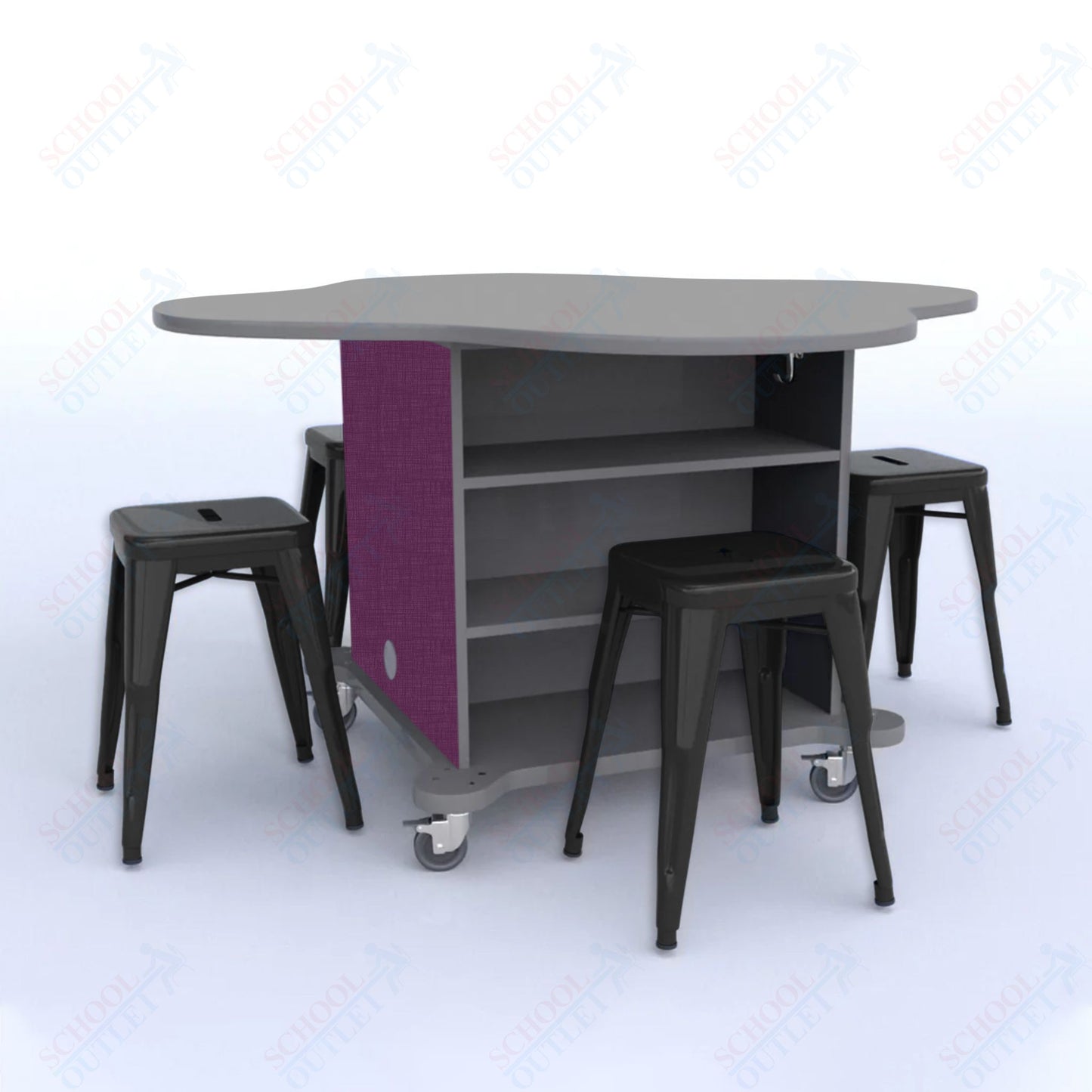 CEF Creation Cube Double-Sided Storage Table - 30"H, High-Pressure Laminate Base and Clover Top - 4 Metal Stools Included