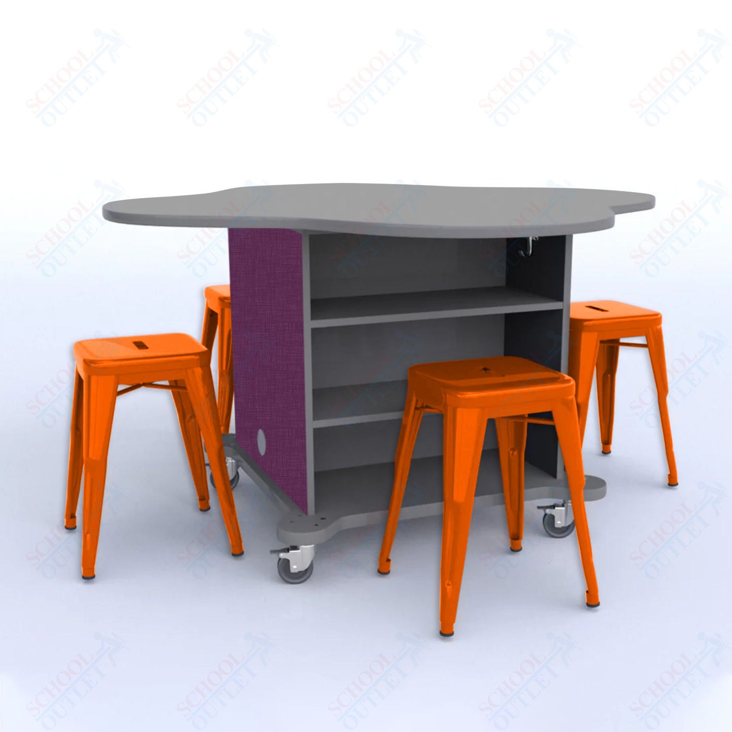 CEF Creation Cube Double-Sided Storage Table - 30"H, High-Pressure Laminate Base and Clover Top - 4 Metal Stools Included