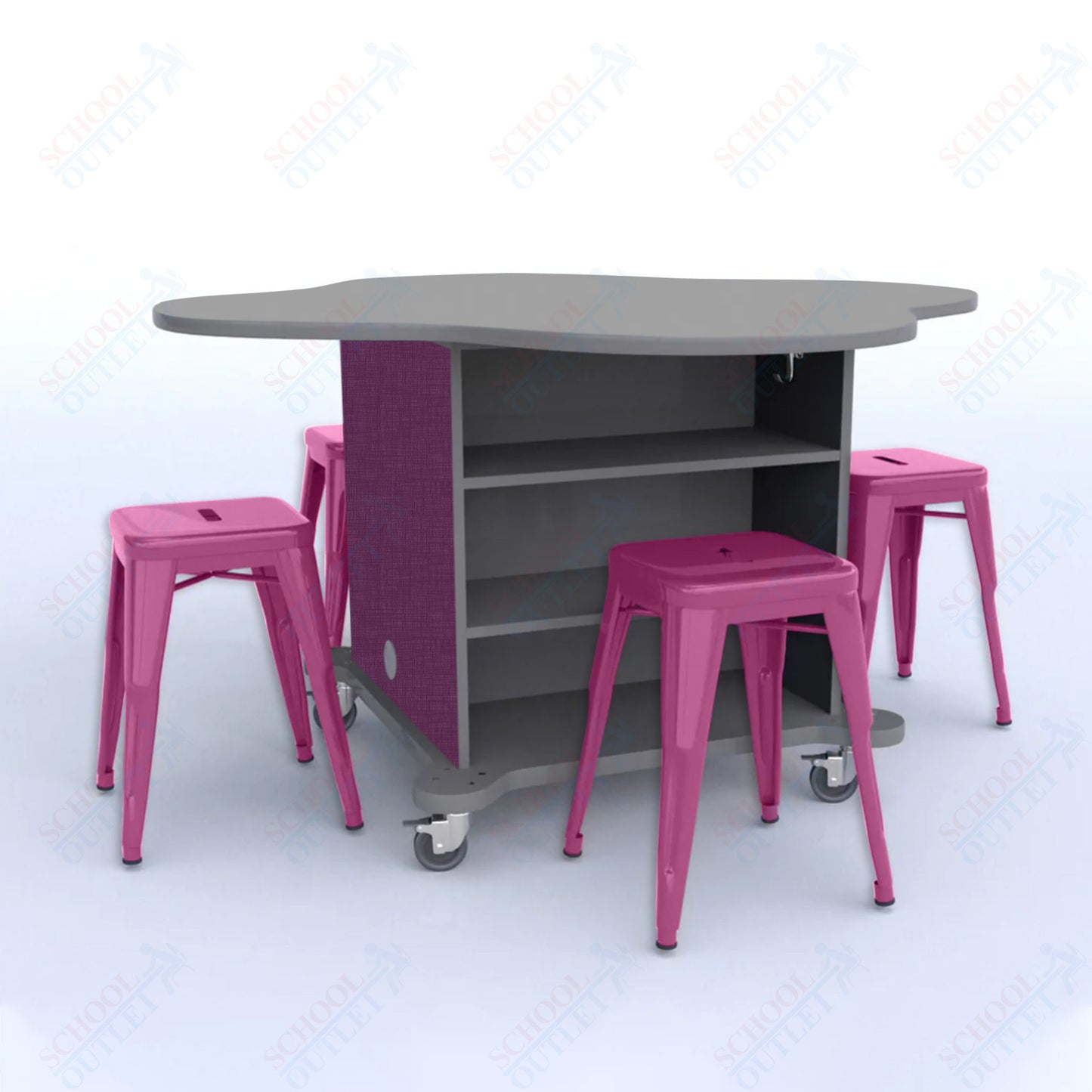 CEF Creation Cube Double-Sided Storage Table - 30"H, High-Pressure Laminate Base and Clover Top - 4 Metal Stools Included