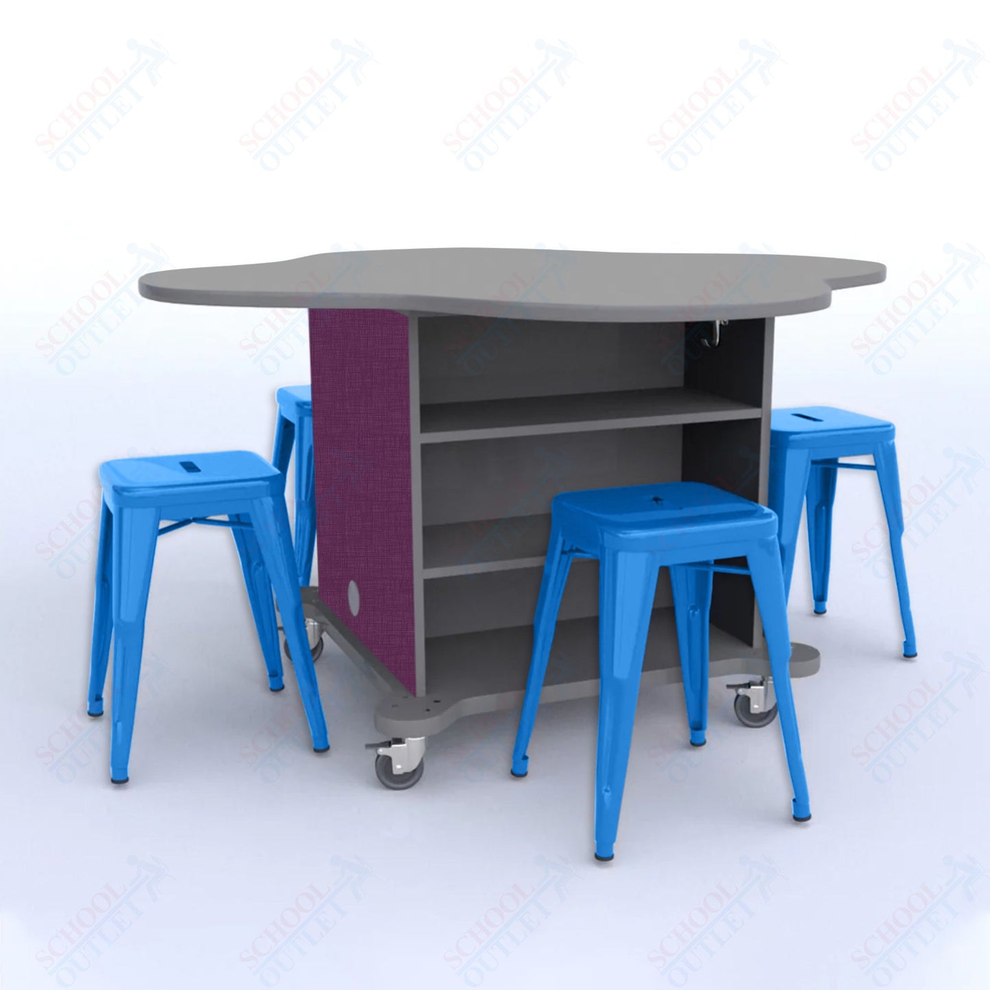 CEF Creation Cube Double-Sided Storage Table - 30"H, High-Pressure Laminate Base and Clover Top - 4 Metal Stools Included
