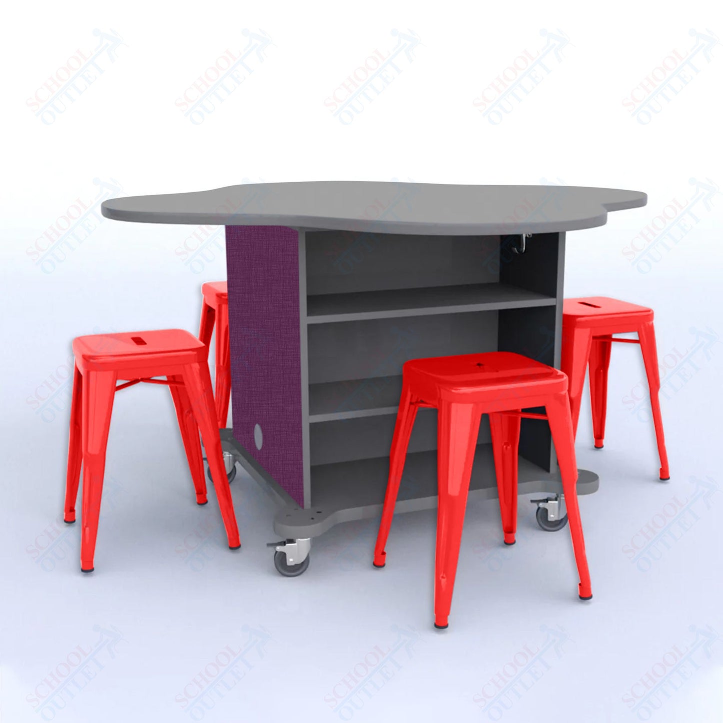CEF Creation Cube Double-Sided Storage Table - 30"H, High-Pressure Laminate Base and Clover Top - 4 Metal Stools Included