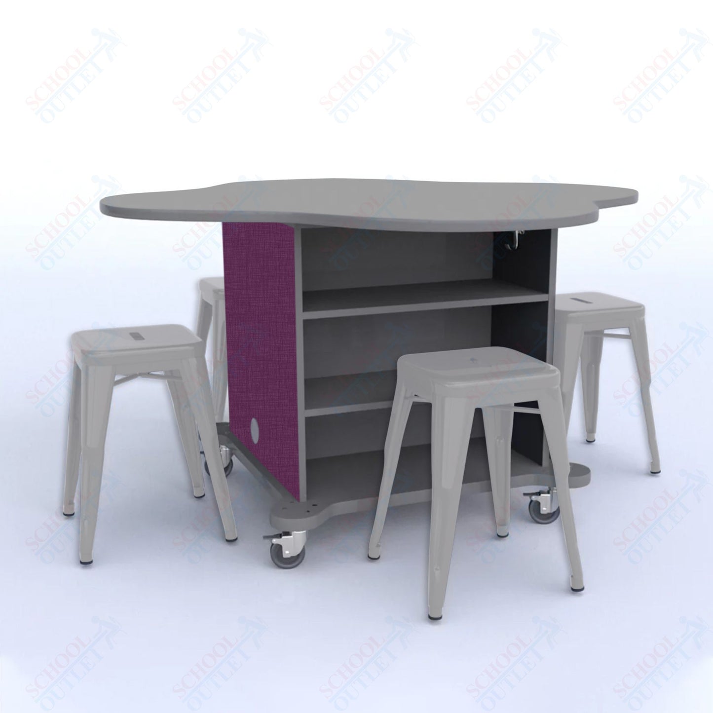 CEF Creation Cube Double-Sided Storage Table - 30"H, High-Pressure Laminate Base and Clover Top - 4 Metal Stools Included