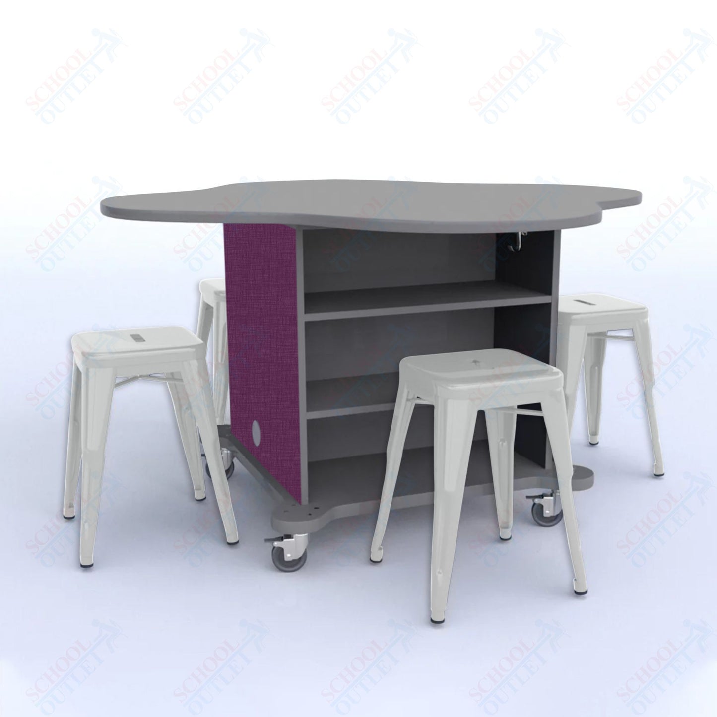 CEF Creation Cube Double-Sided Storage Table - 30"H, High-Pressure Laminate Base and Clover Top - 4 Metal Stools Included