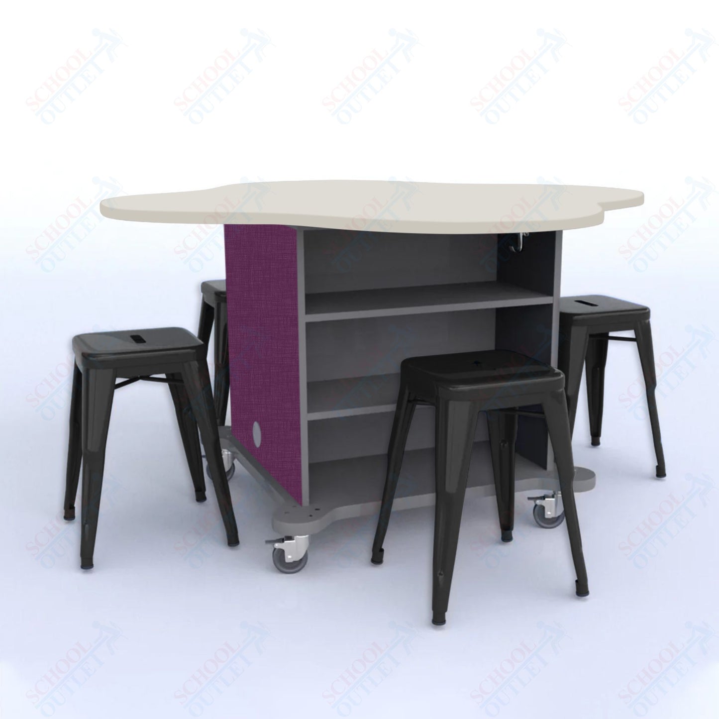 CEF Creation Cube Double-Sided Storage Table - 30"H, High-Pressure Laminate Base and Clover Top - 4 Metal Stools Included