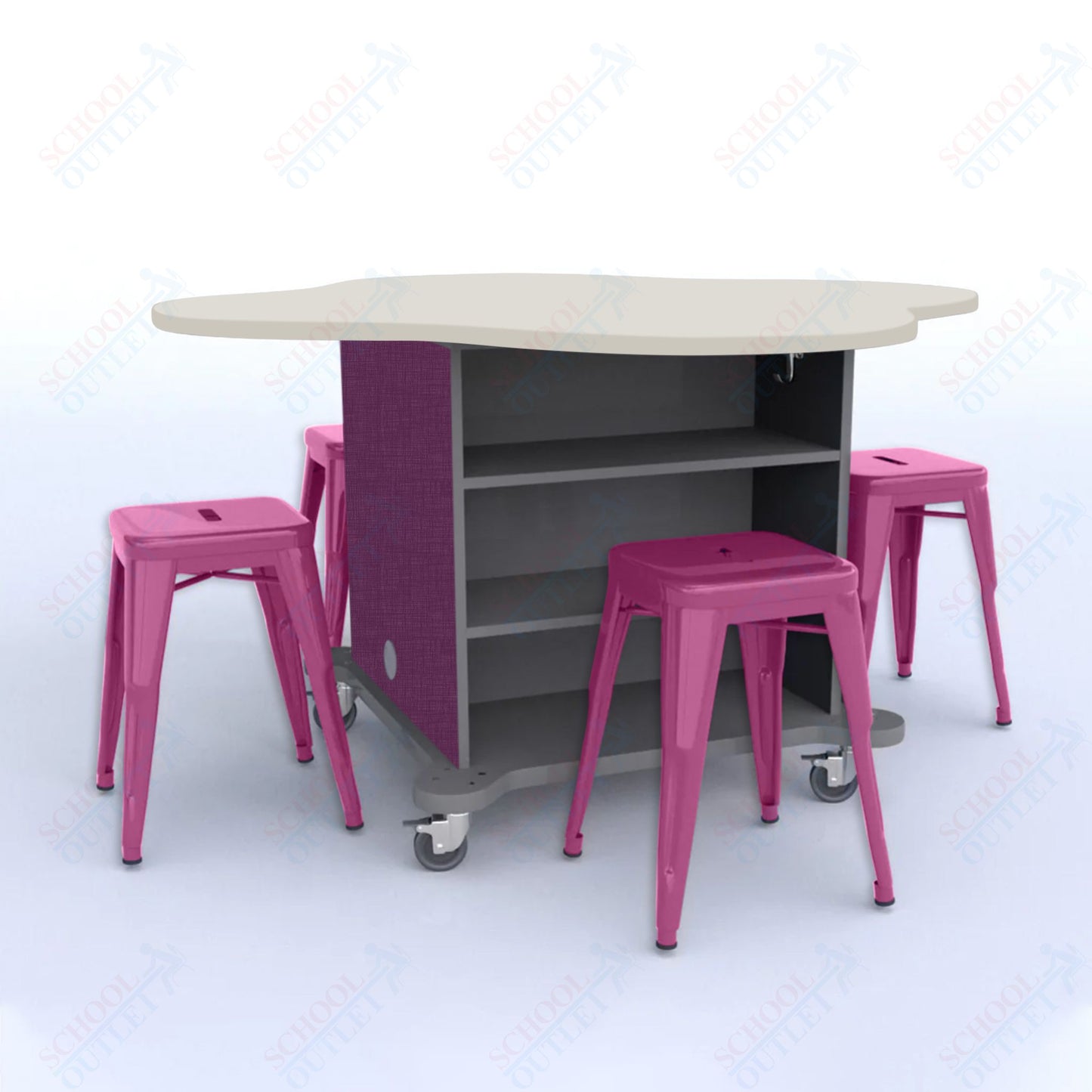 CEF Creation Cube Double-Sided Storage Table - 30"H, High-Pressure Laminate Base and Clover Top - 4 Metal Stools Included